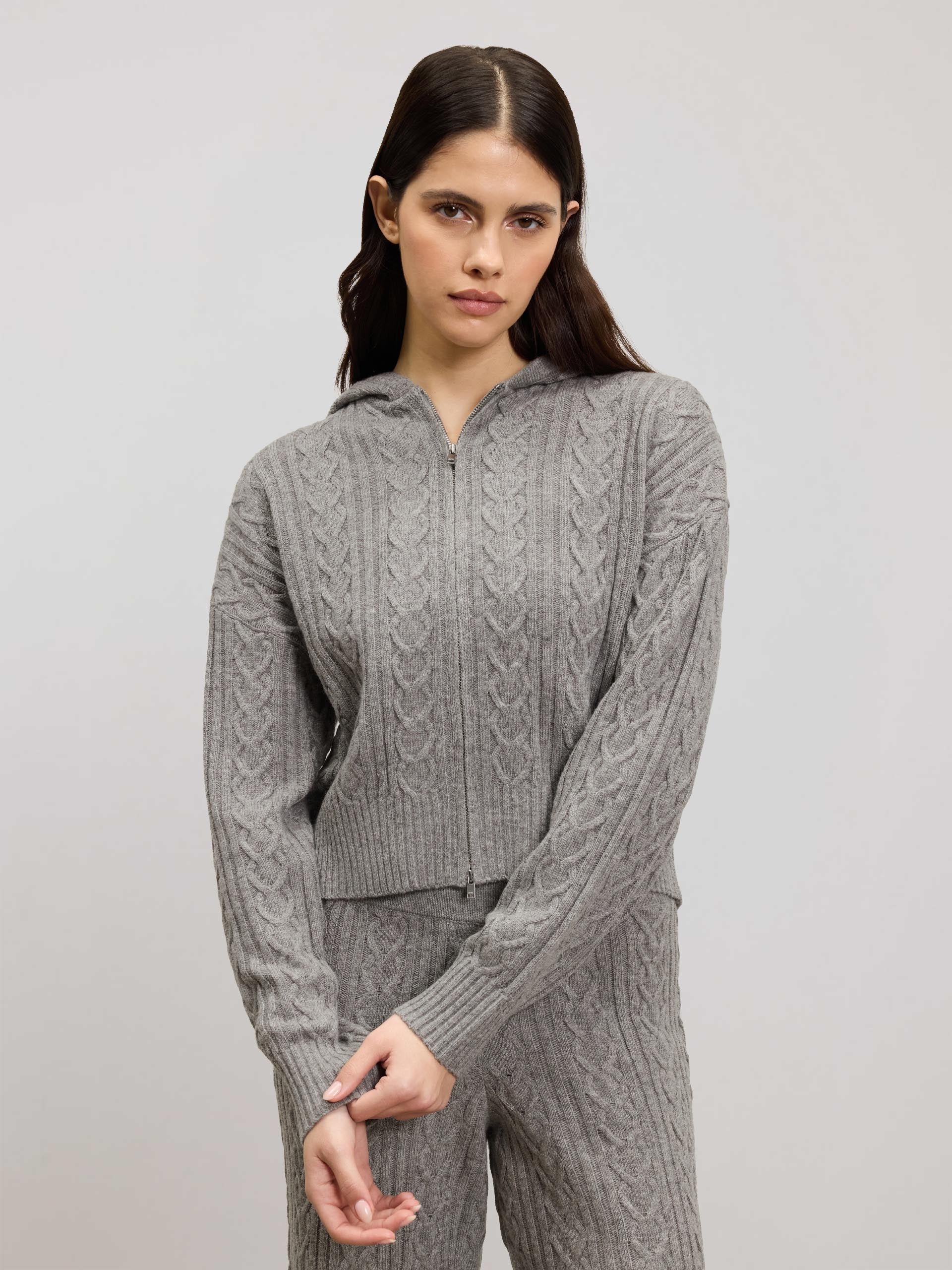 Womens Cable Knit Zip Hoodie in Charcoal Marl - Image 5