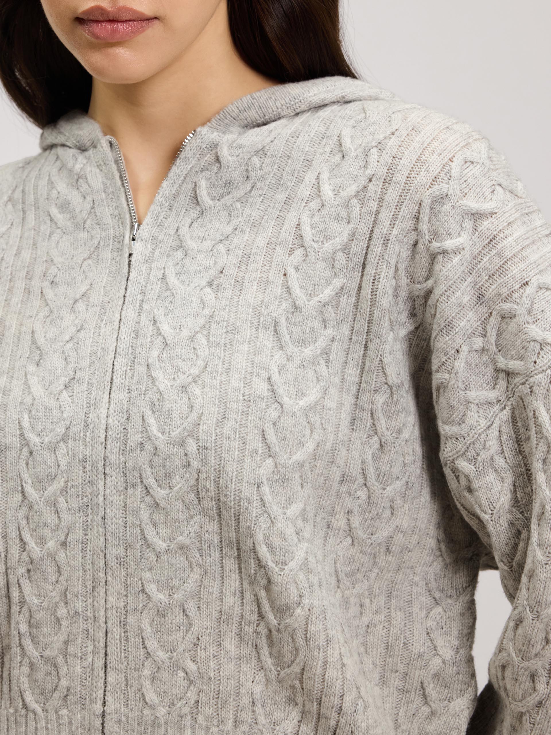Womens Cable Knit Zip Hoodie in Grey Marl - Image 4