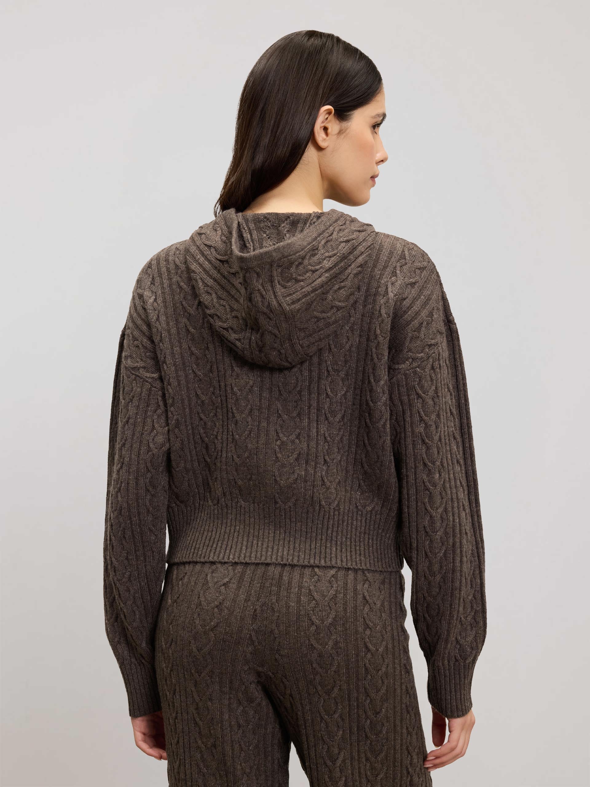 Womens Cable Knit Zip Hoodie in Taupe Marl - Image 3