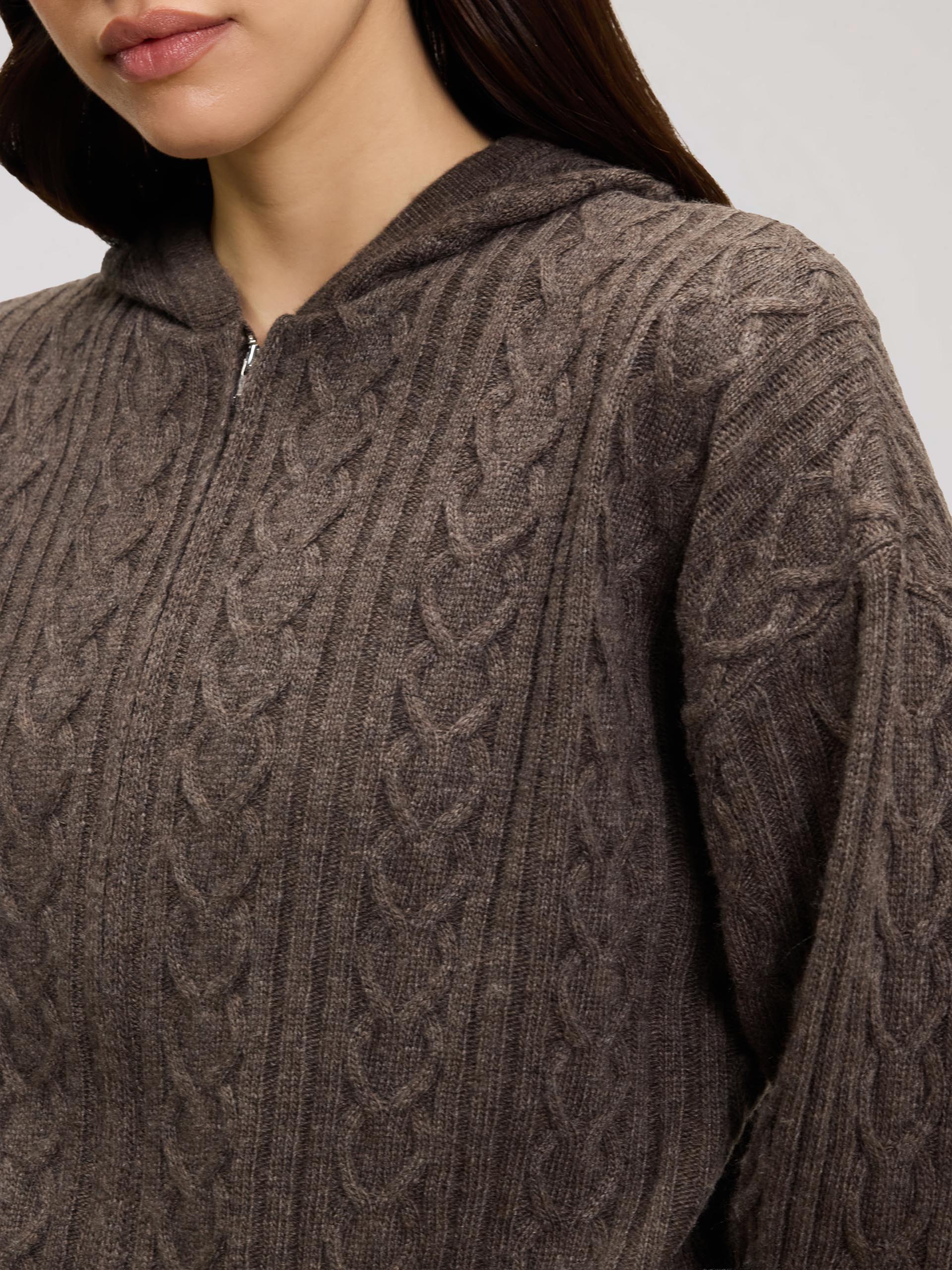Womens Cable Knit Zip Hoodie in Taupe Marl - Image 4