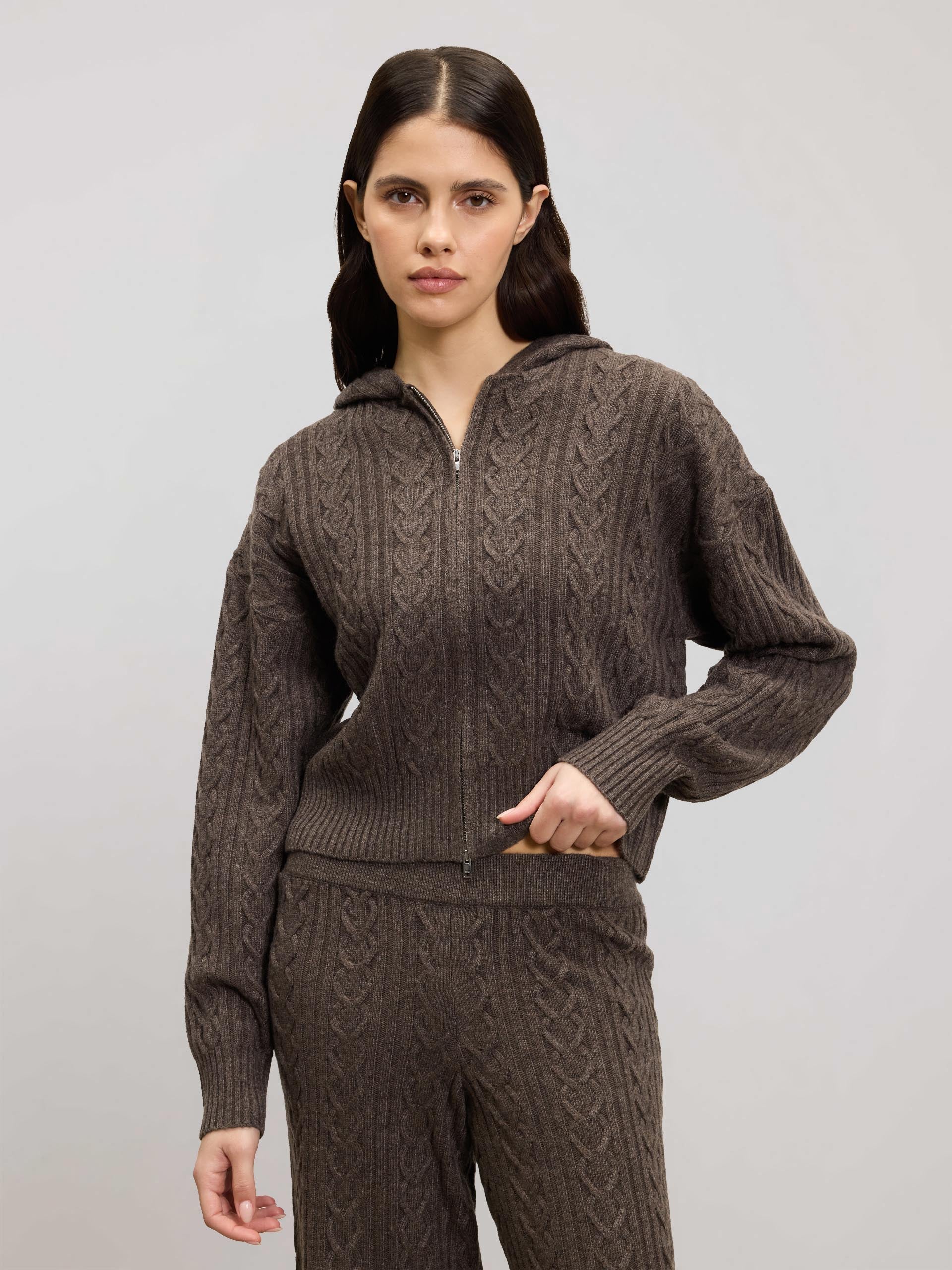 Womens Cable Knit Zip Hoodie in Taupe Marl - Image 5