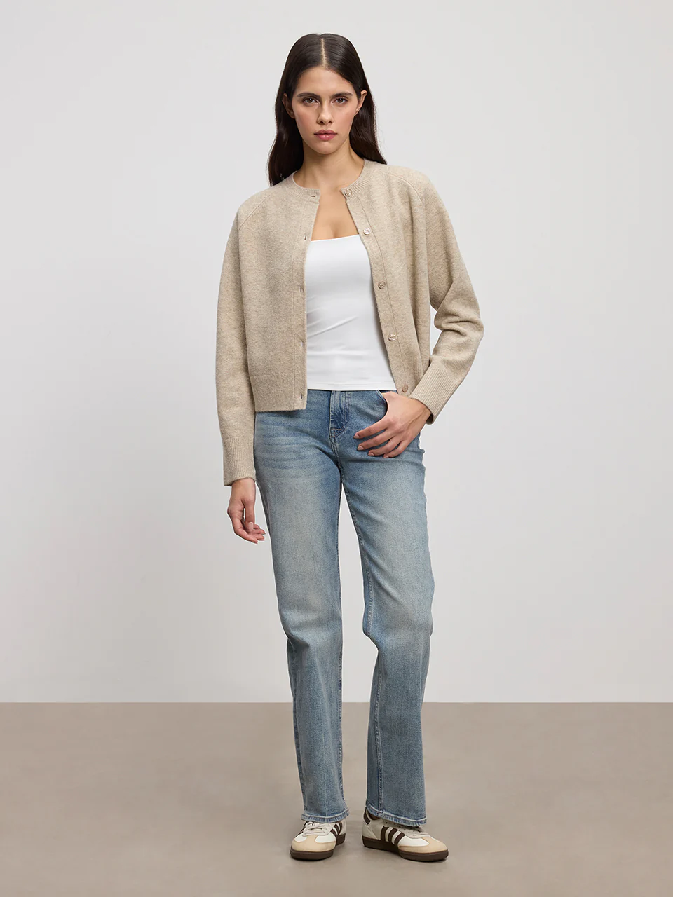 Womens Chunky Knitted Cardigan in Stone - Image 2
