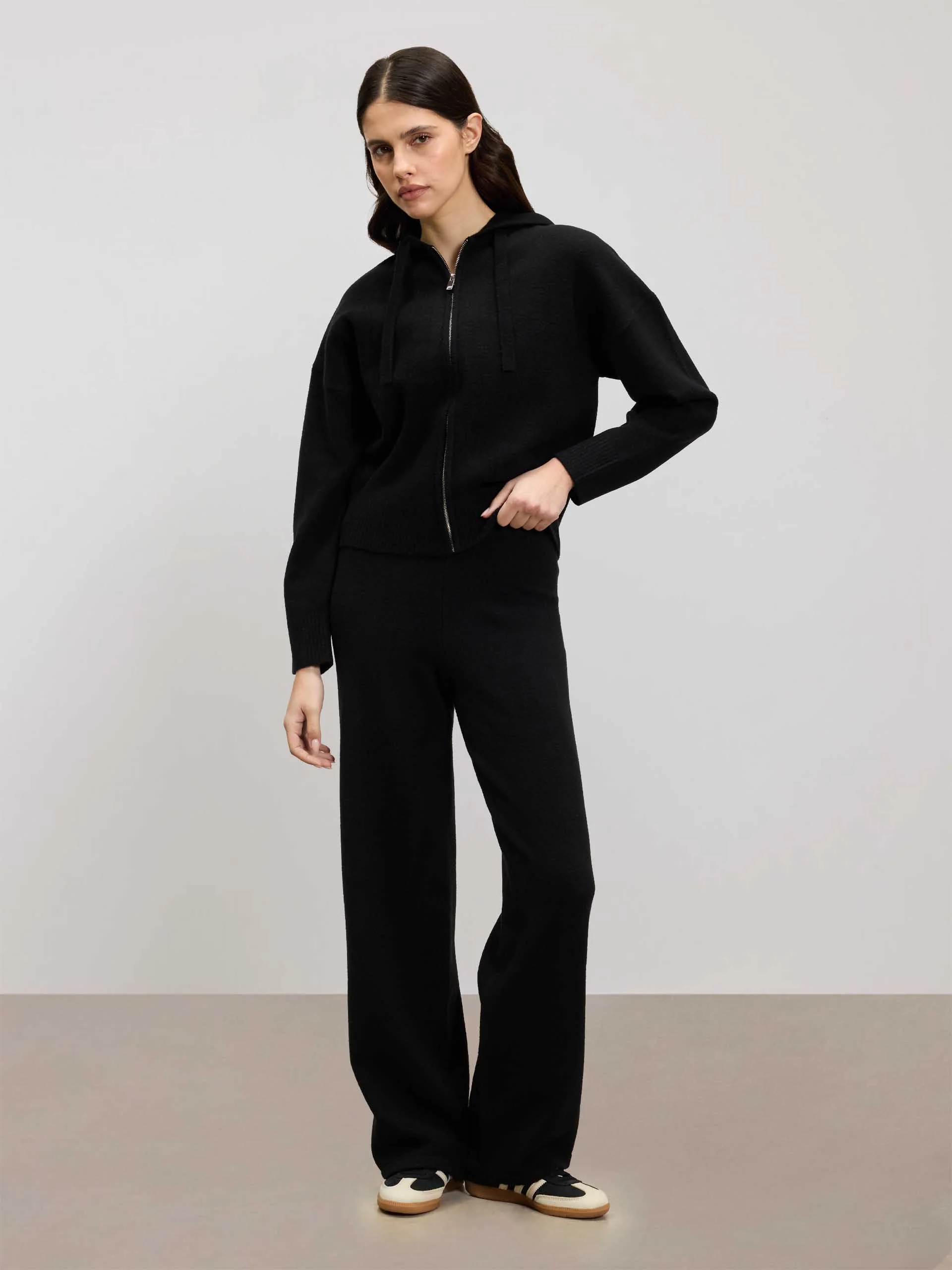Womens Chunky Knitted Hoodie in Black - Image 2