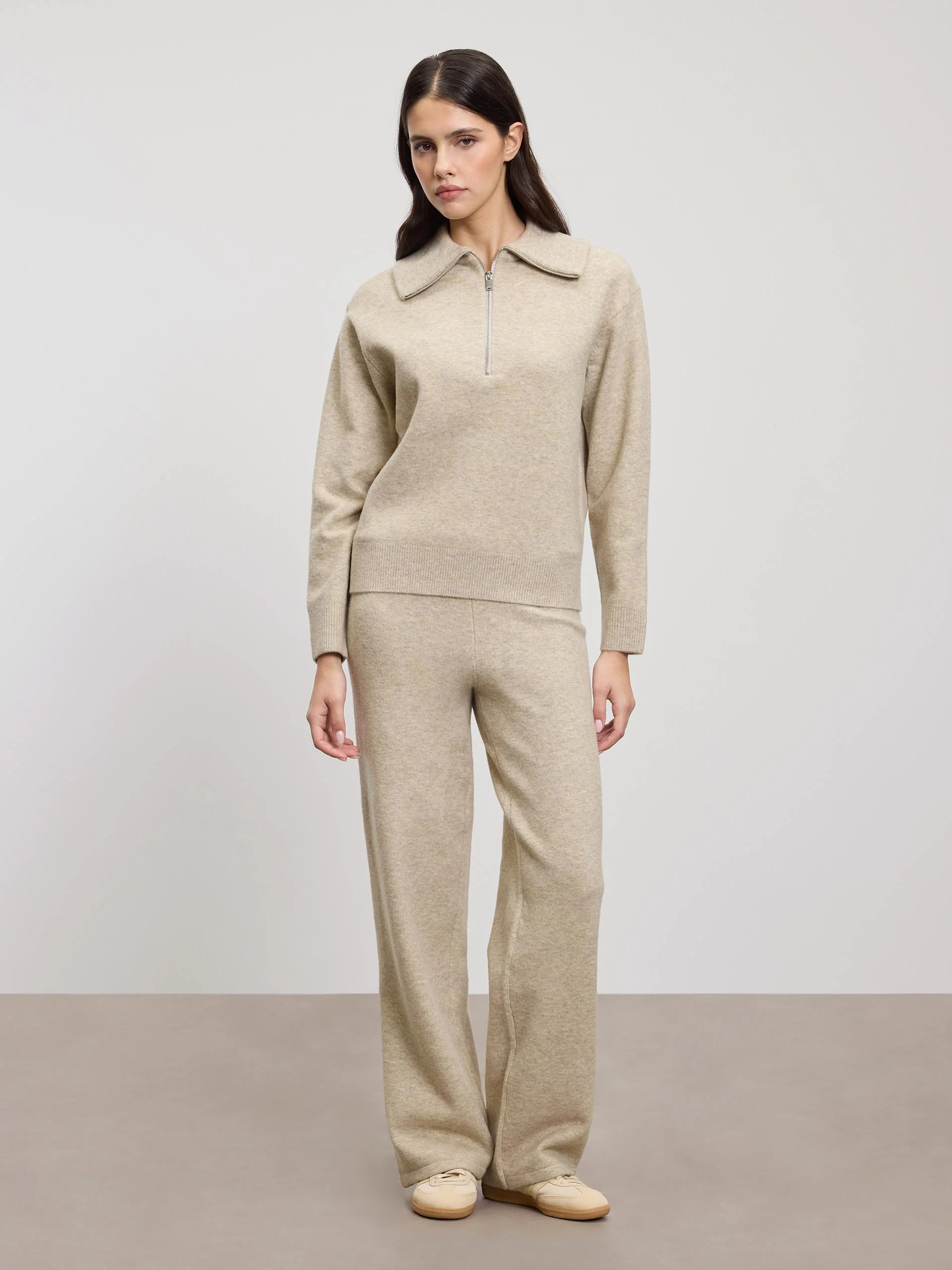 Womens Chunky Wool Half Zip in Stone - Image 2