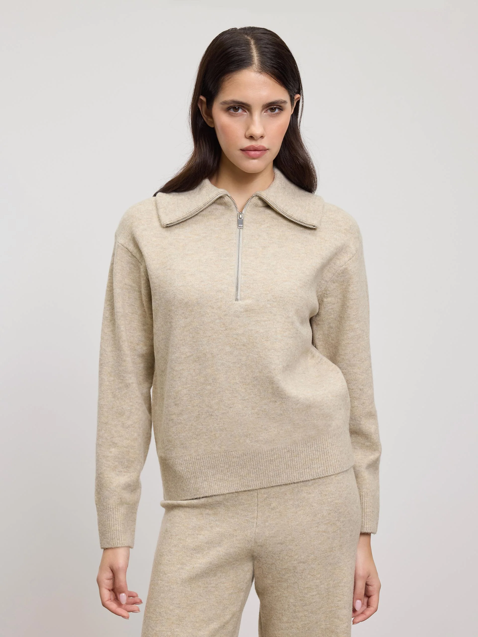 Womens Chunky Wool Half Zip in Stone - Image 3