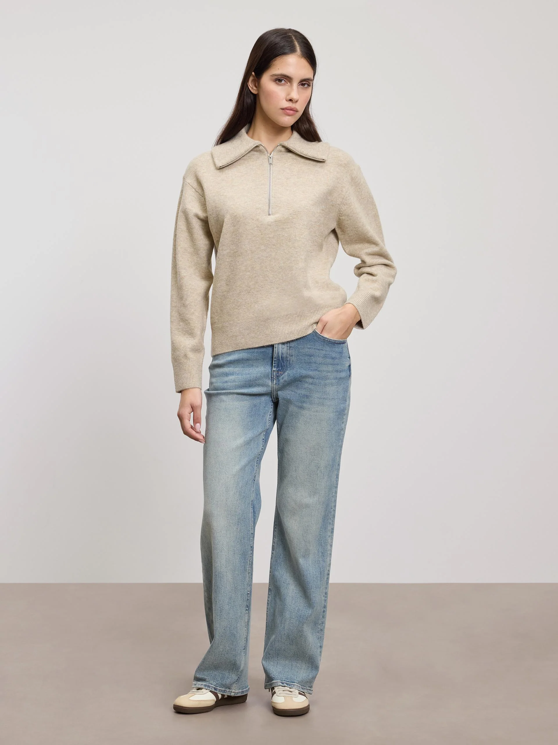 Womens Chunky Wool Half Zip in Stone - Image 4