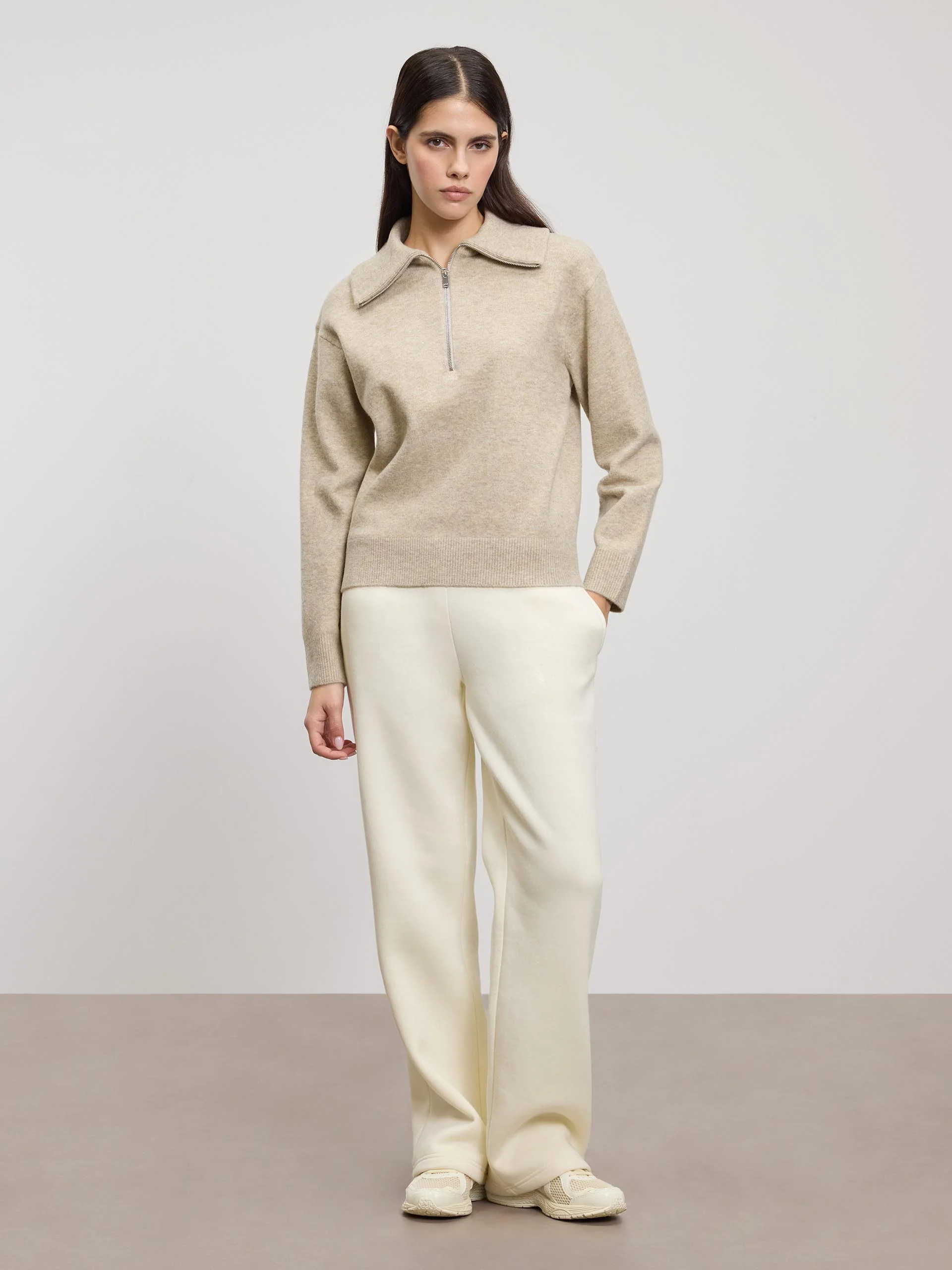 Womens Chunky Wool Half Zip in Stone - Image 6