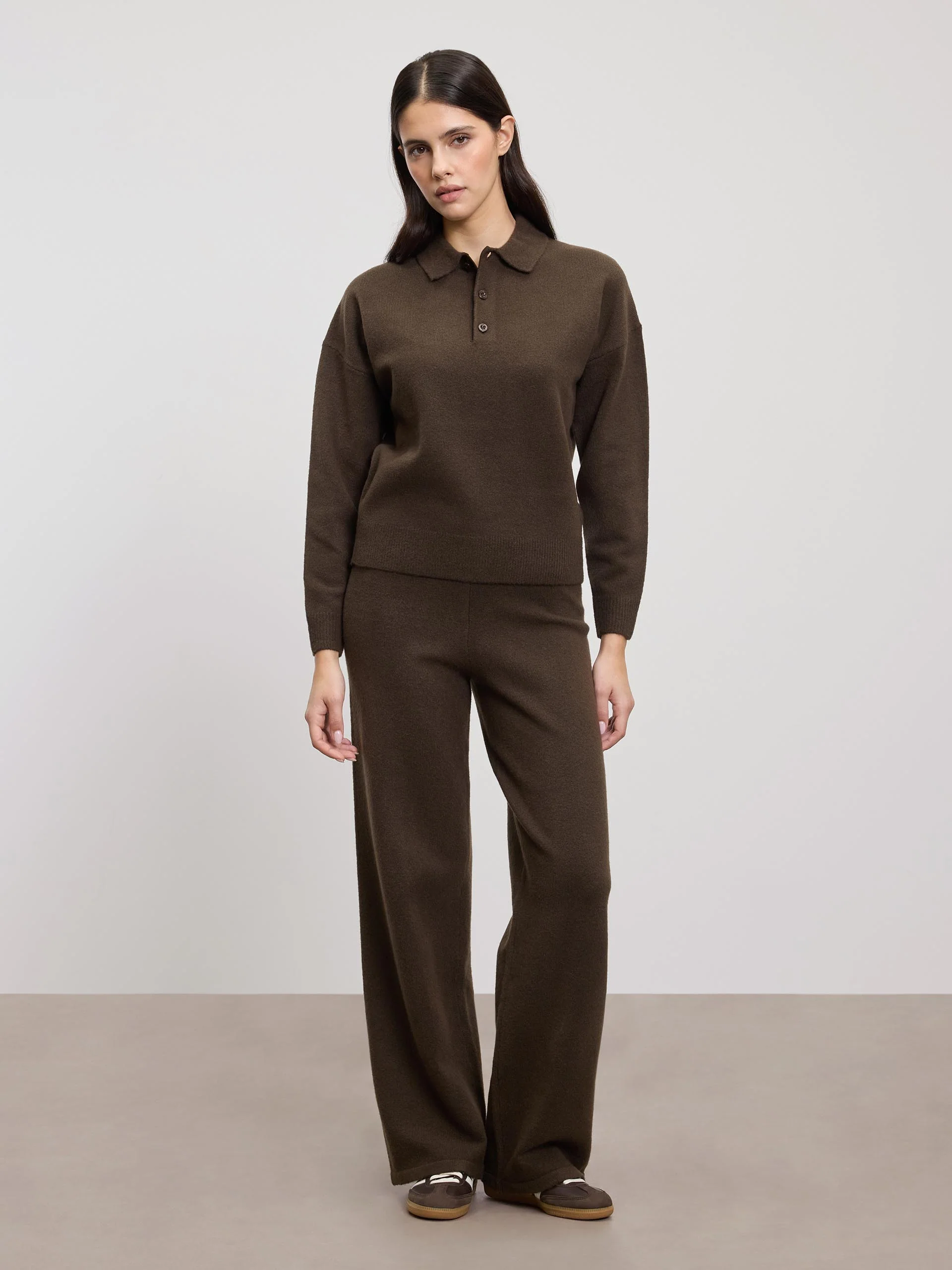 Womens Chunky Wool Polo Shirt in Brown - Image 2