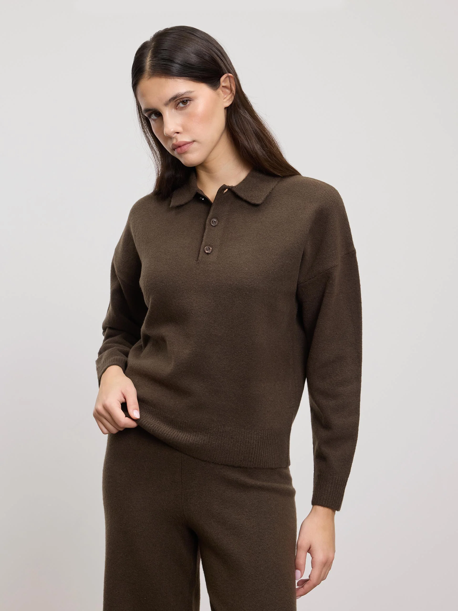 Womens Chunky Wool Polo Shirt in Brown - Image 3
