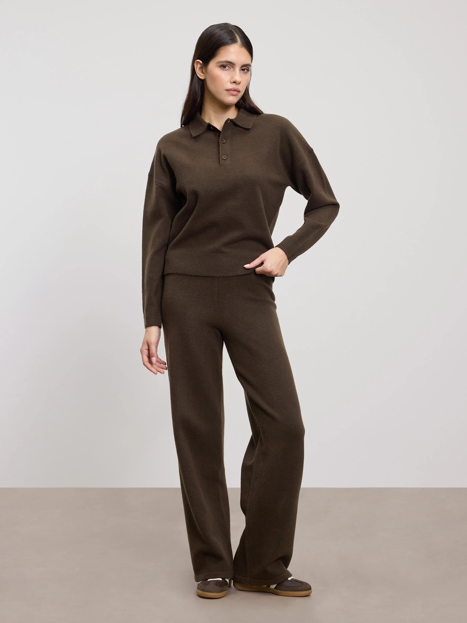 Womens Chunky Wool Polo Shirt in Brown - Image 5