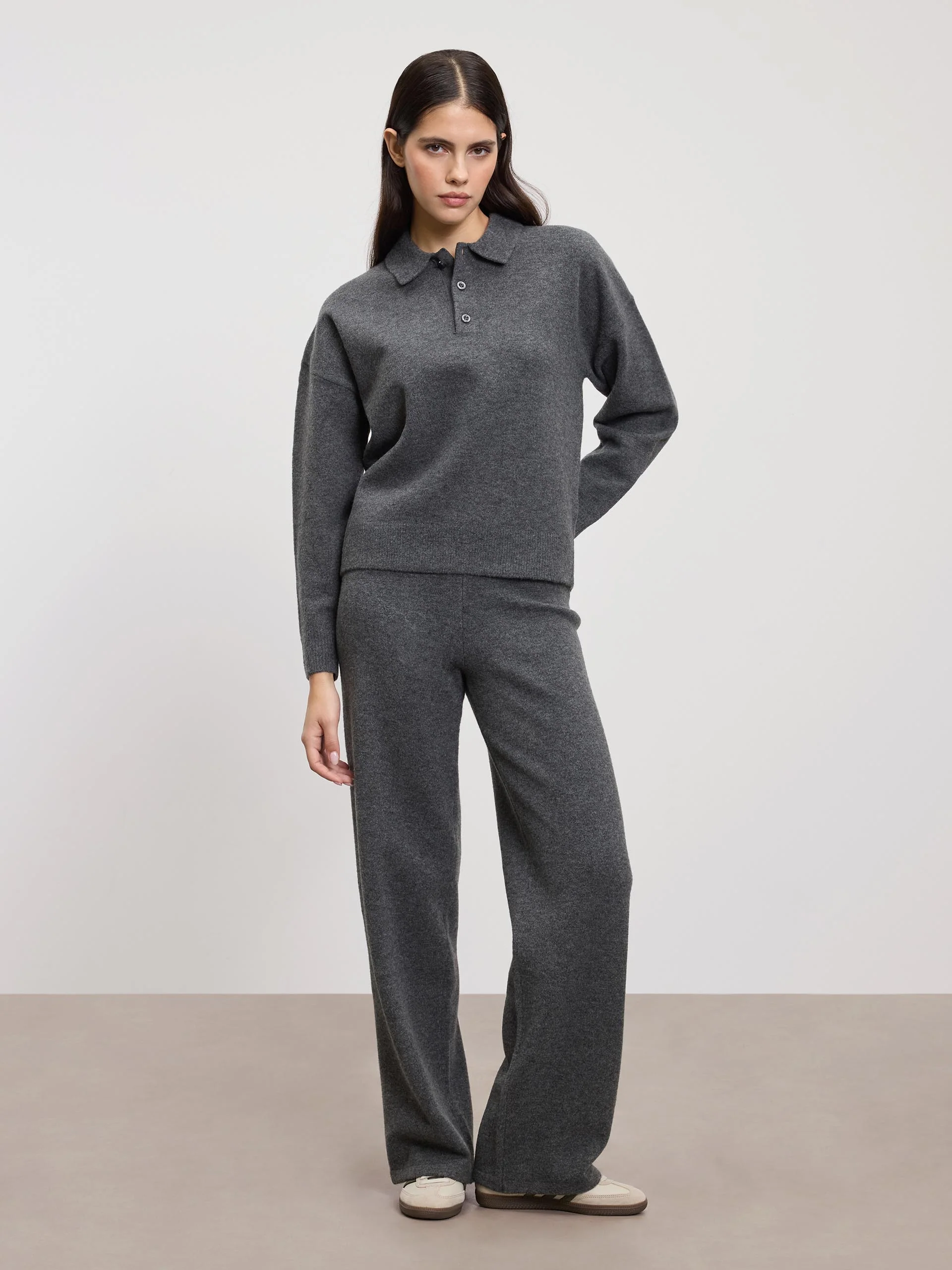 Womens Chunky Wool Polo Shirt in Charcoal - Image 2
