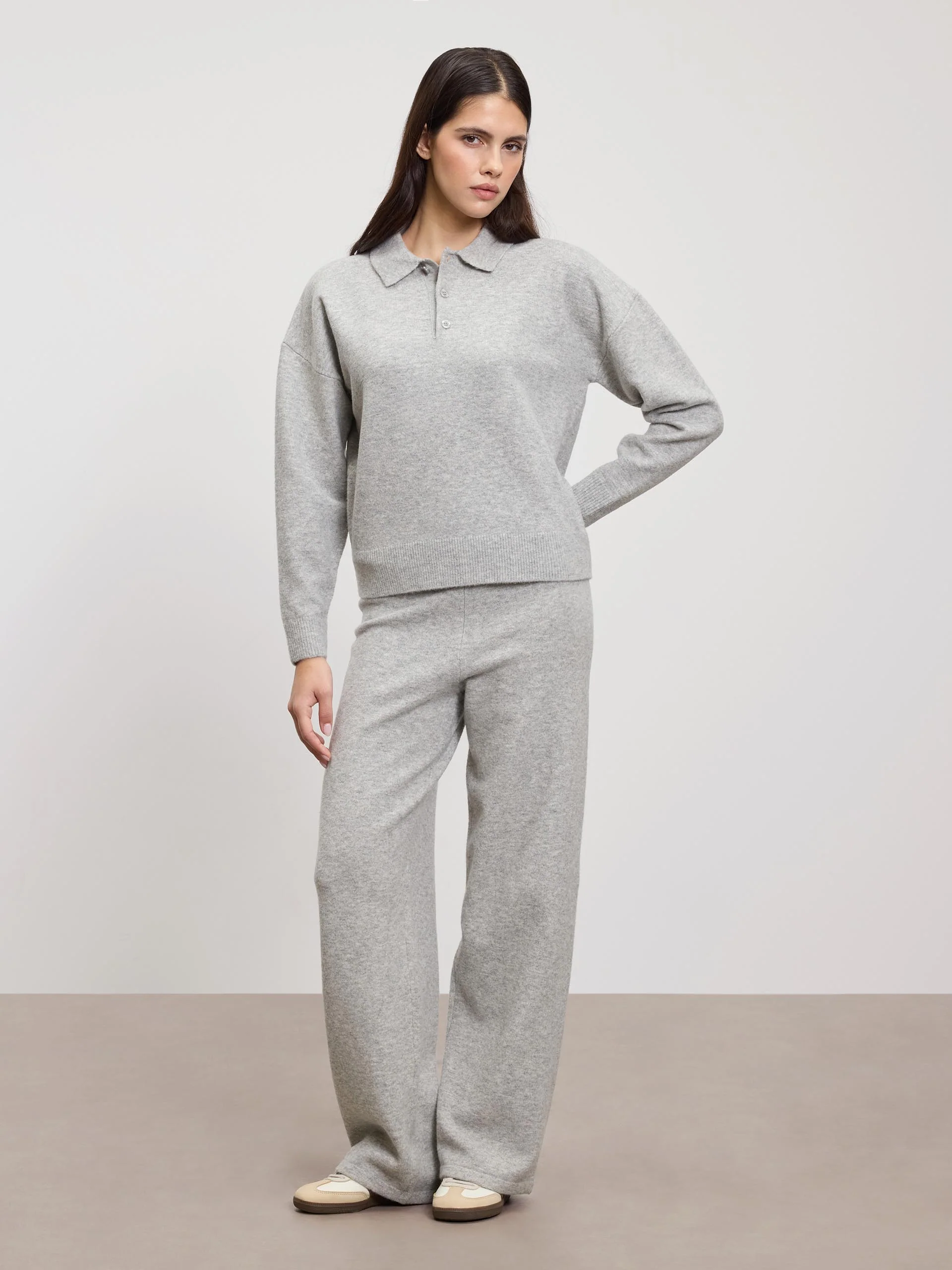 Womens Chunky Wool Polo Shirt in Grey Marl - Image 2
