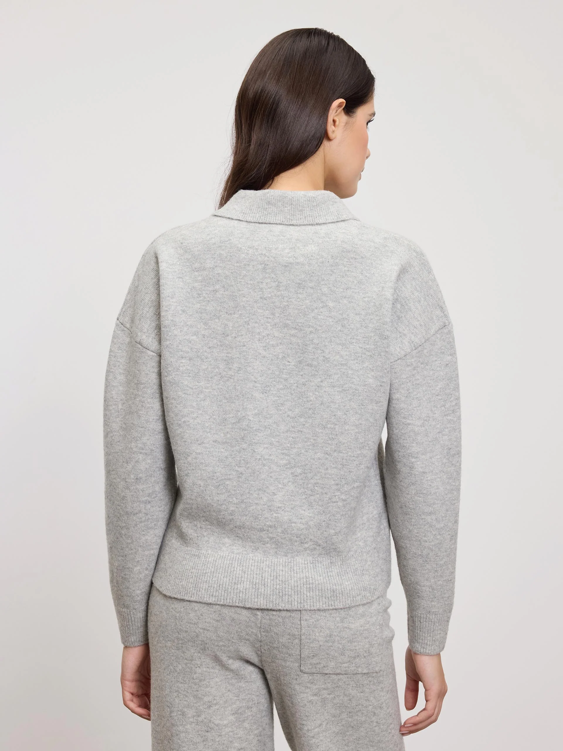 Womens Chunky Wool Polo Shirt in Grey Marl - Image 3