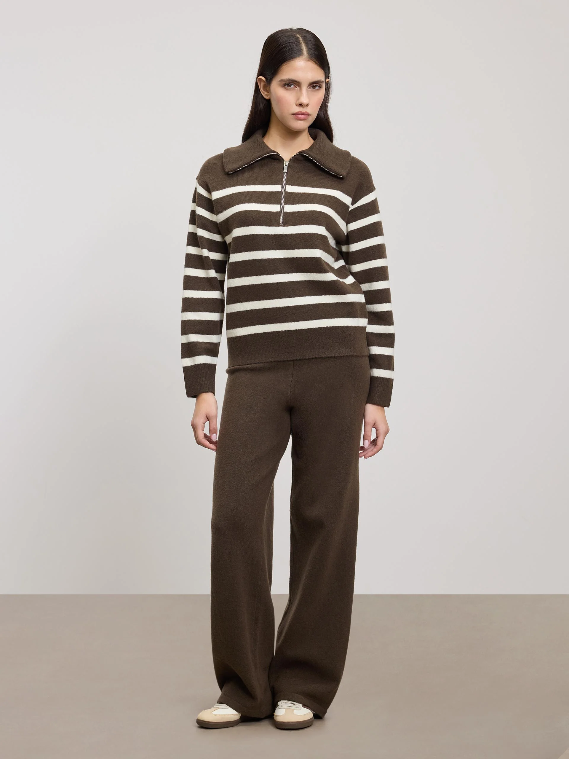 Womens Chunky Wool Stripe Half Zip in Brown White - Image 3