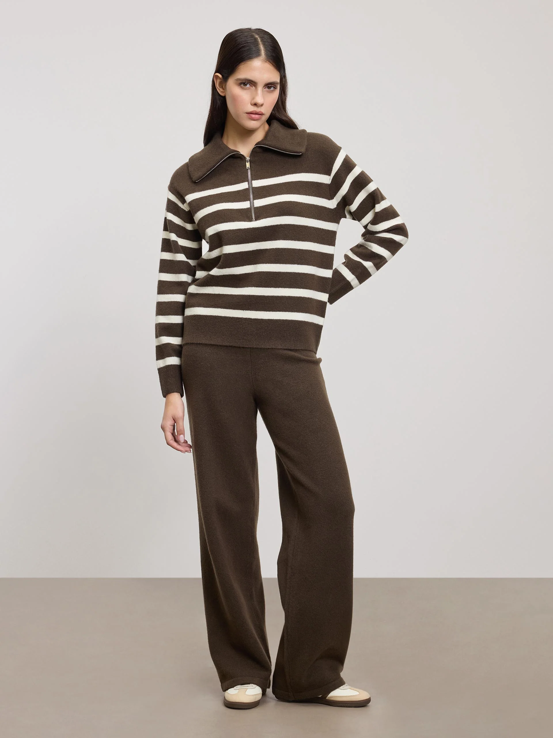 Womens Chunky Wool Stripe Half Zip in Brown White - Image 7