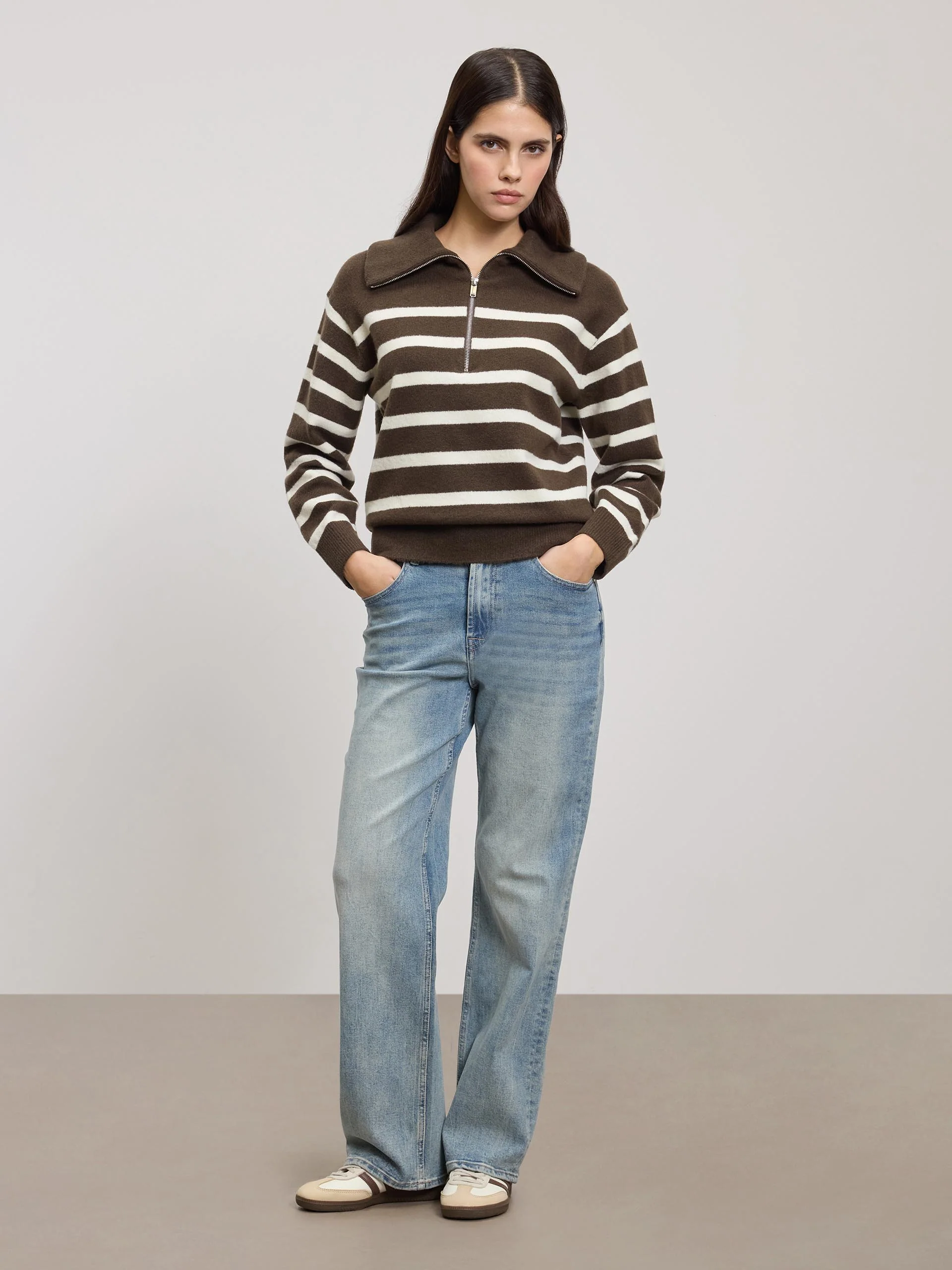 Womens Chunky Wool Stripe Half Zip in Brown White - Image 8