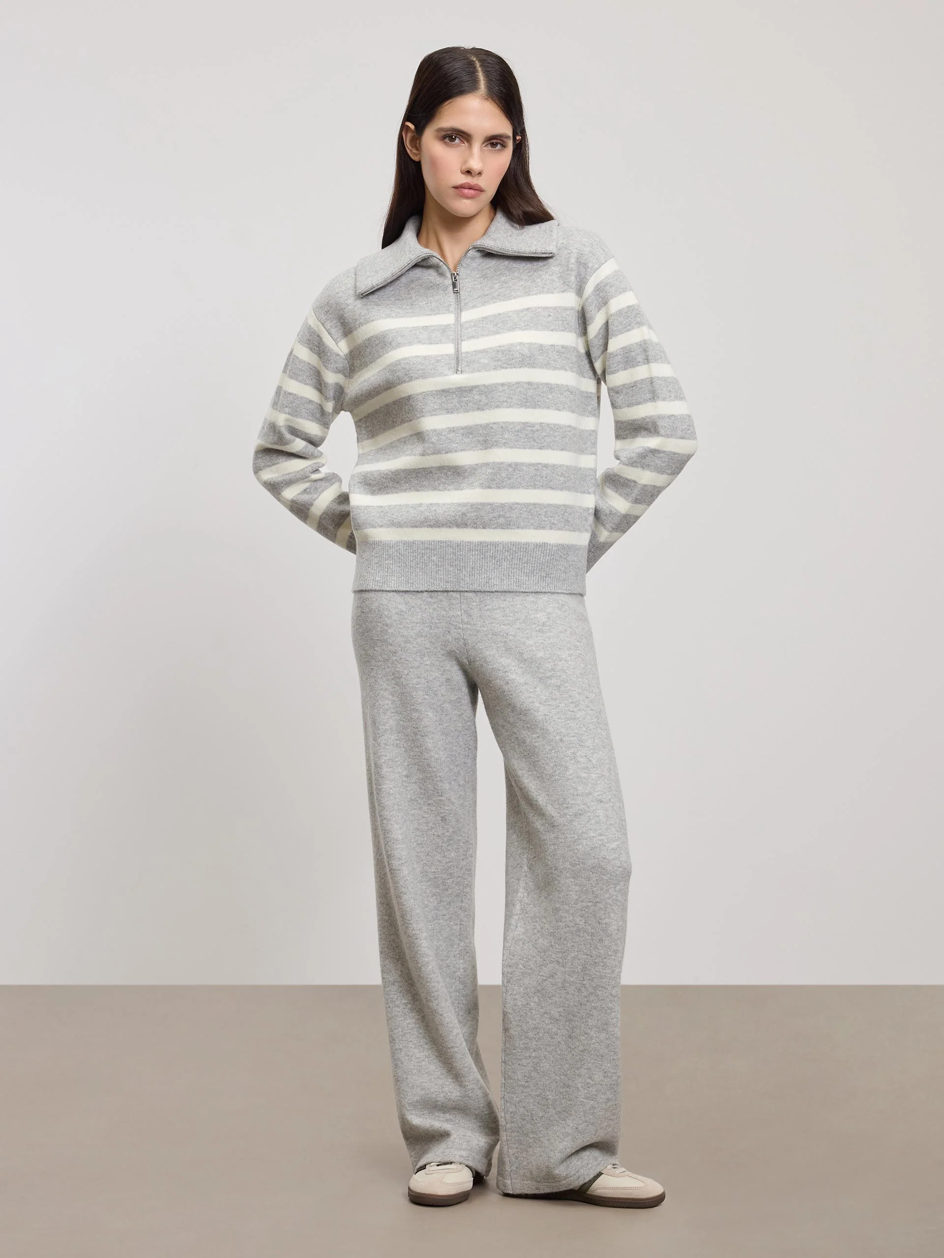 Womens Chunky Wool Stripe Half Zip in Grey White - Image 5