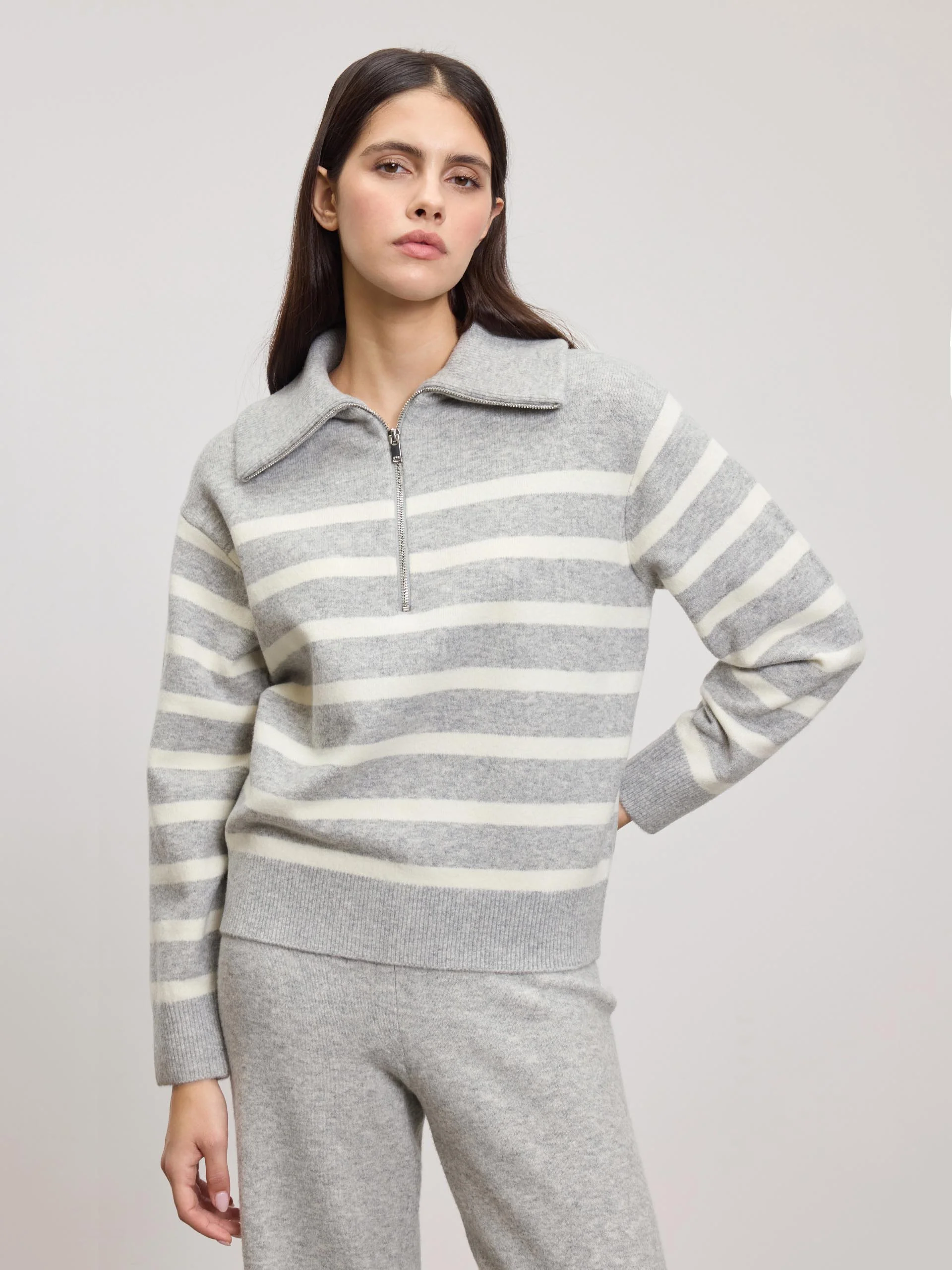 Womens Chunky Wool Stripe Half Zip in Grey White - Image 6
