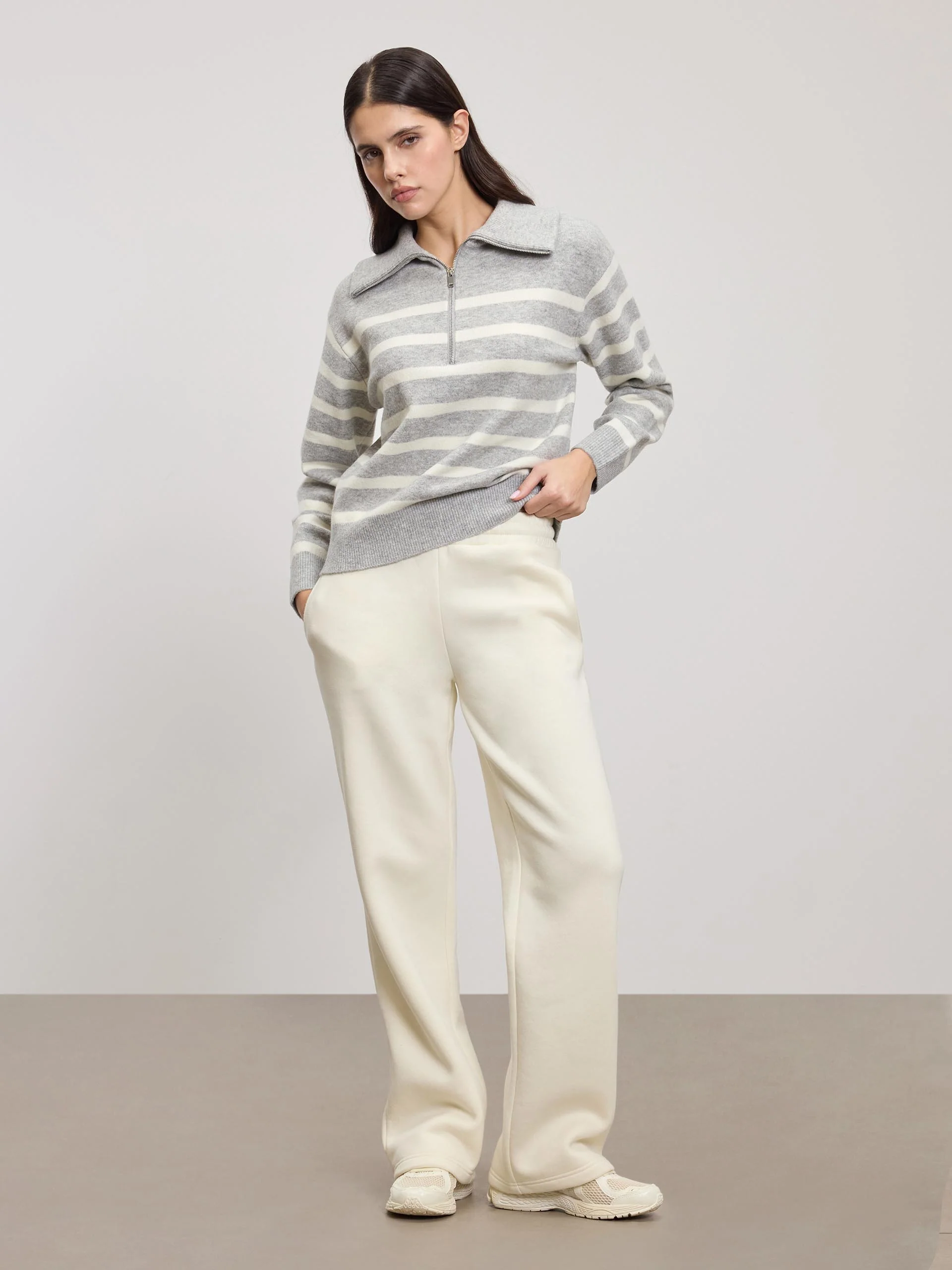 Womens Chunky Wool Stripe Half Zip in Grey White - Image 7