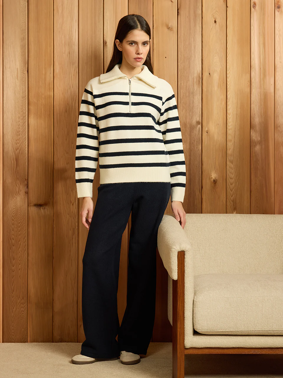 Womens Chunky Wool Stripe Half Zip in Off White Navy - Image 2