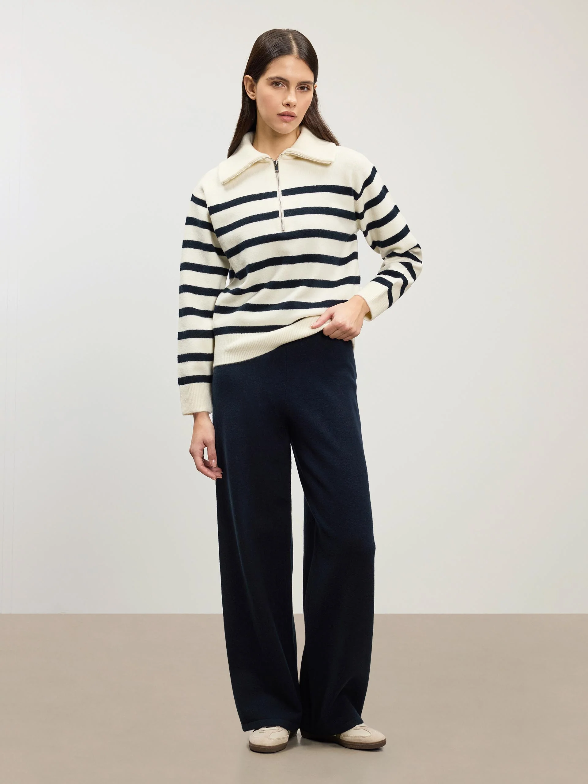 Womens Chunky Wool Stripe Half Zip in Off White Navy - Image 3