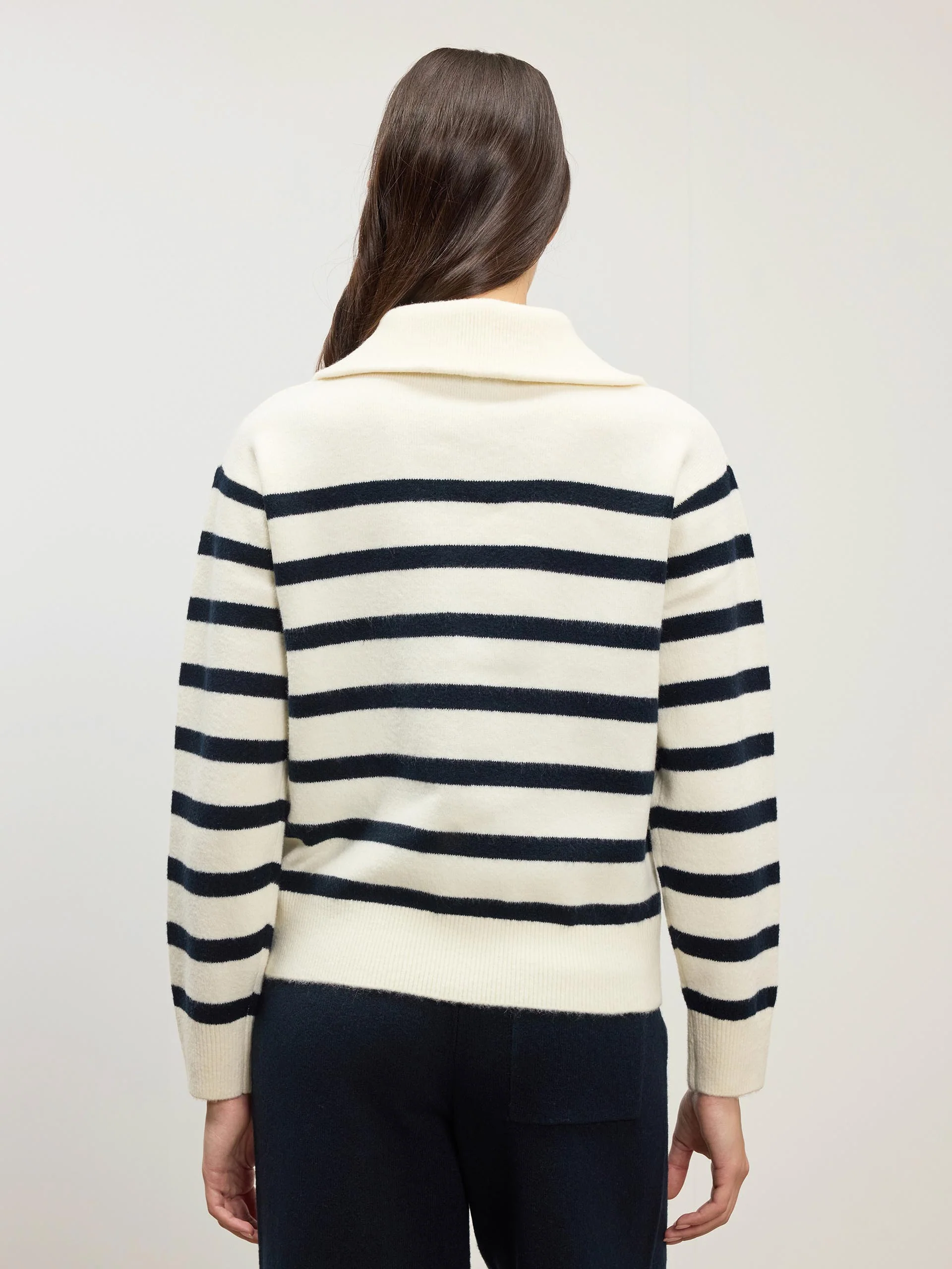 Womens Chunky Wool Stripe Half Zip in Off White Navy - Image 4