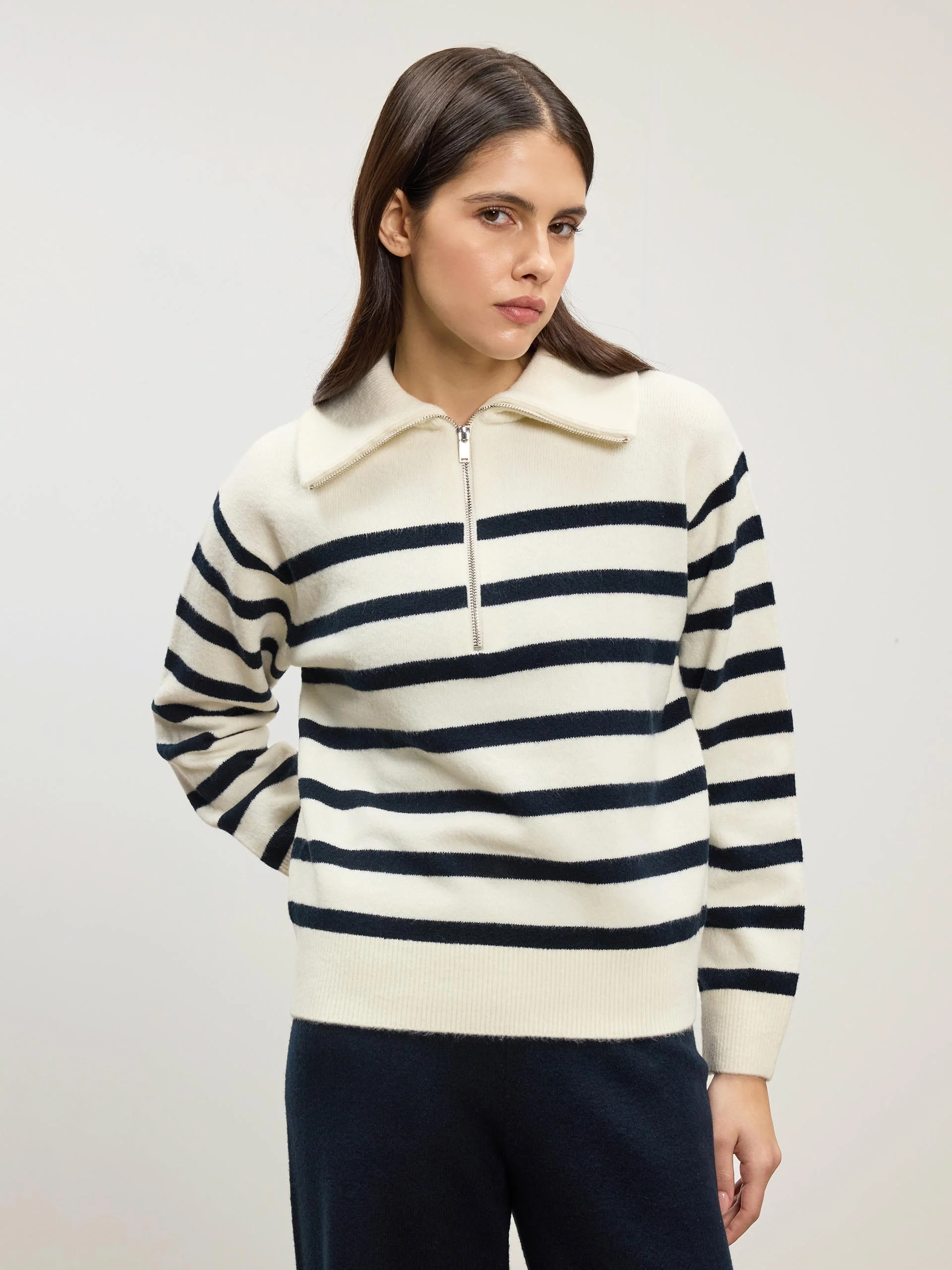 Womens Chunky Wool Stripe Half Zip in Off White Navy - Image 6