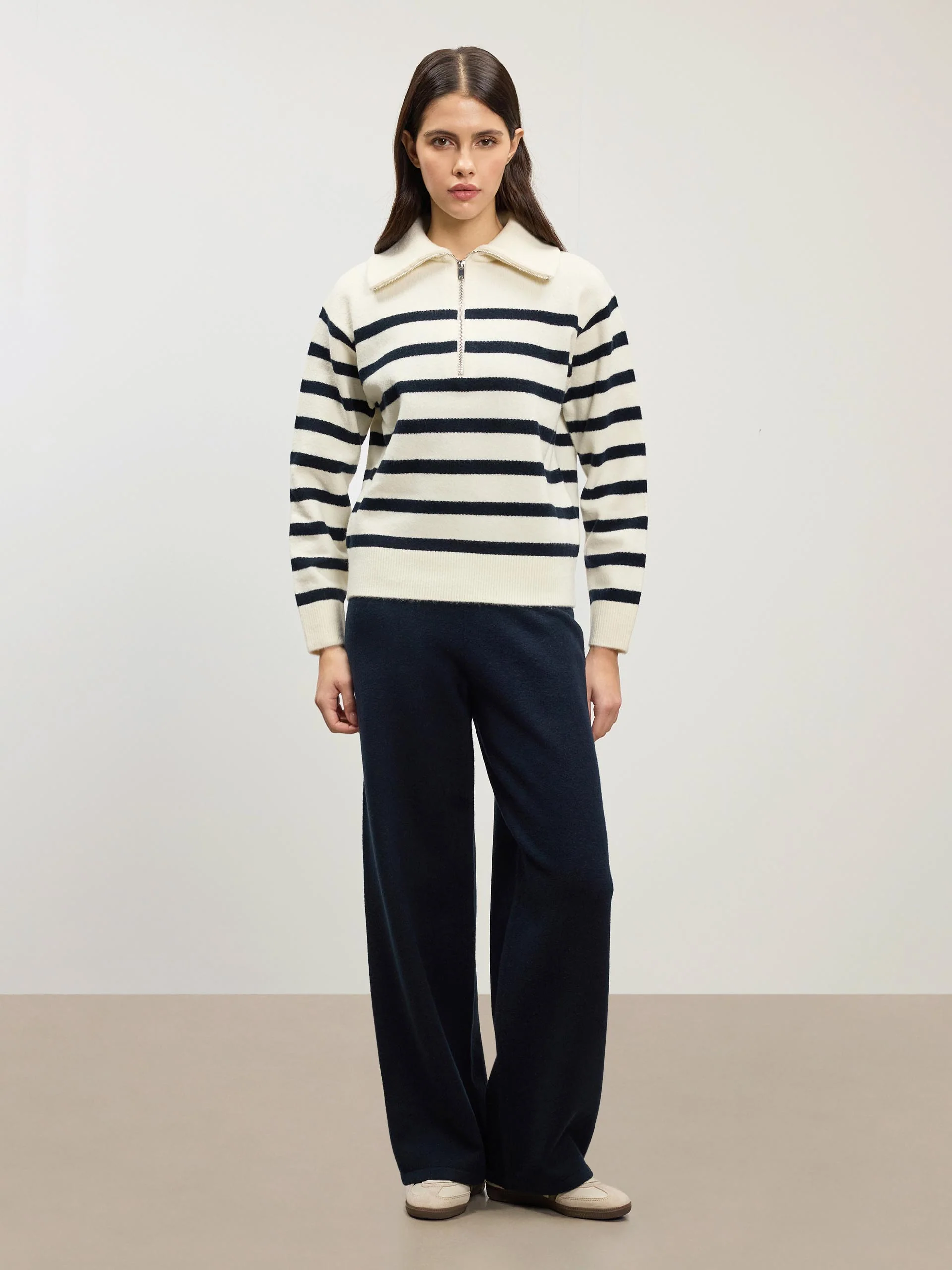 Womens Chunky Wool Stripe Half Zip in Off White Navy - Image 7