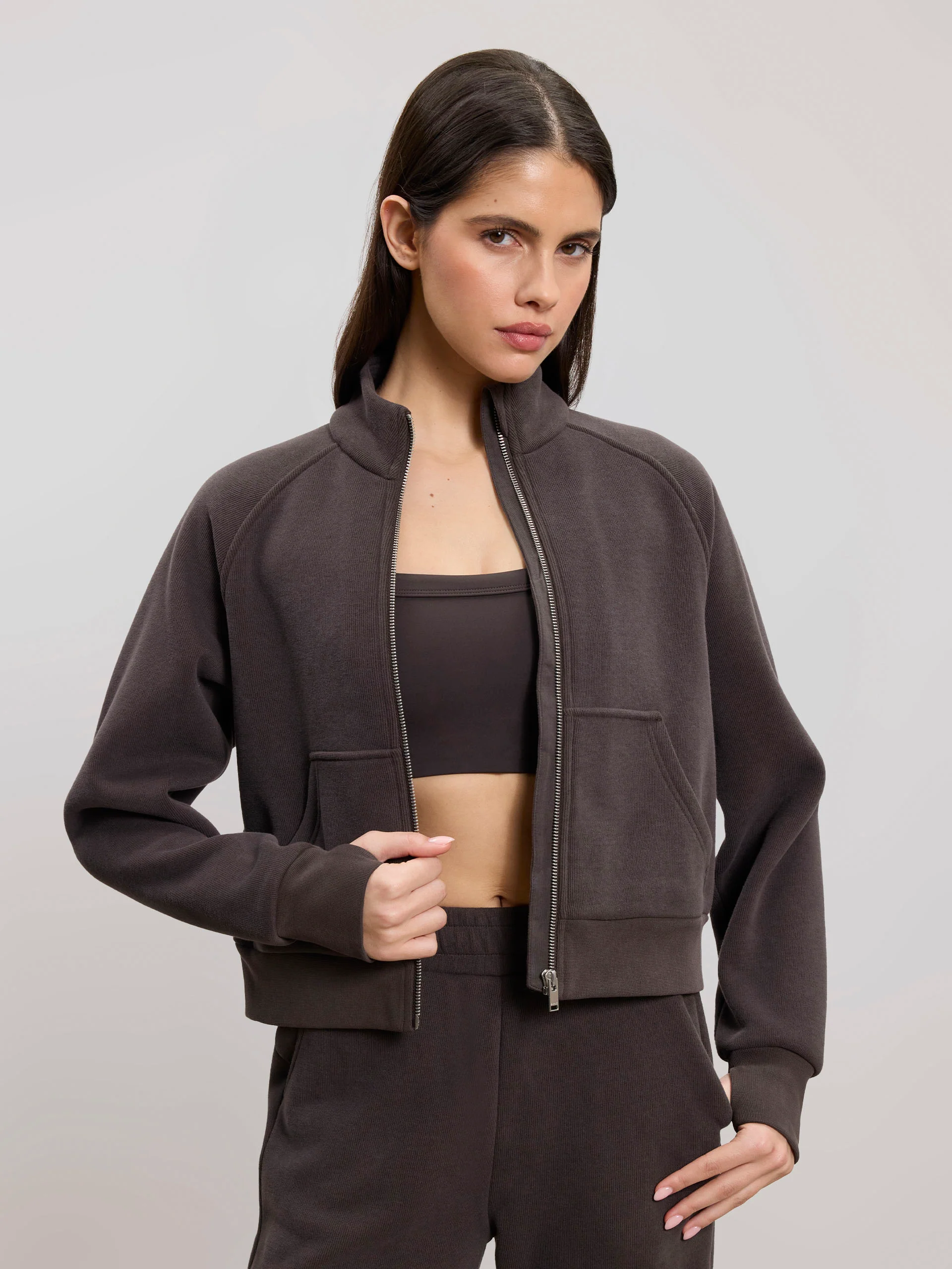 Womens Cosy Fleece Funnel Neck Jacket in Brown - Image 6