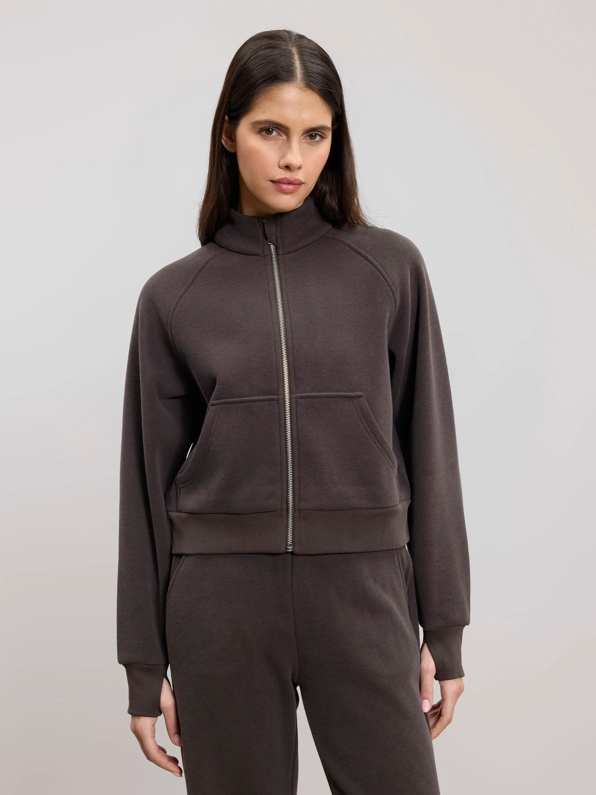 Womens Cosy Fleece Funnel Neck Jacket in Brown - Image 7