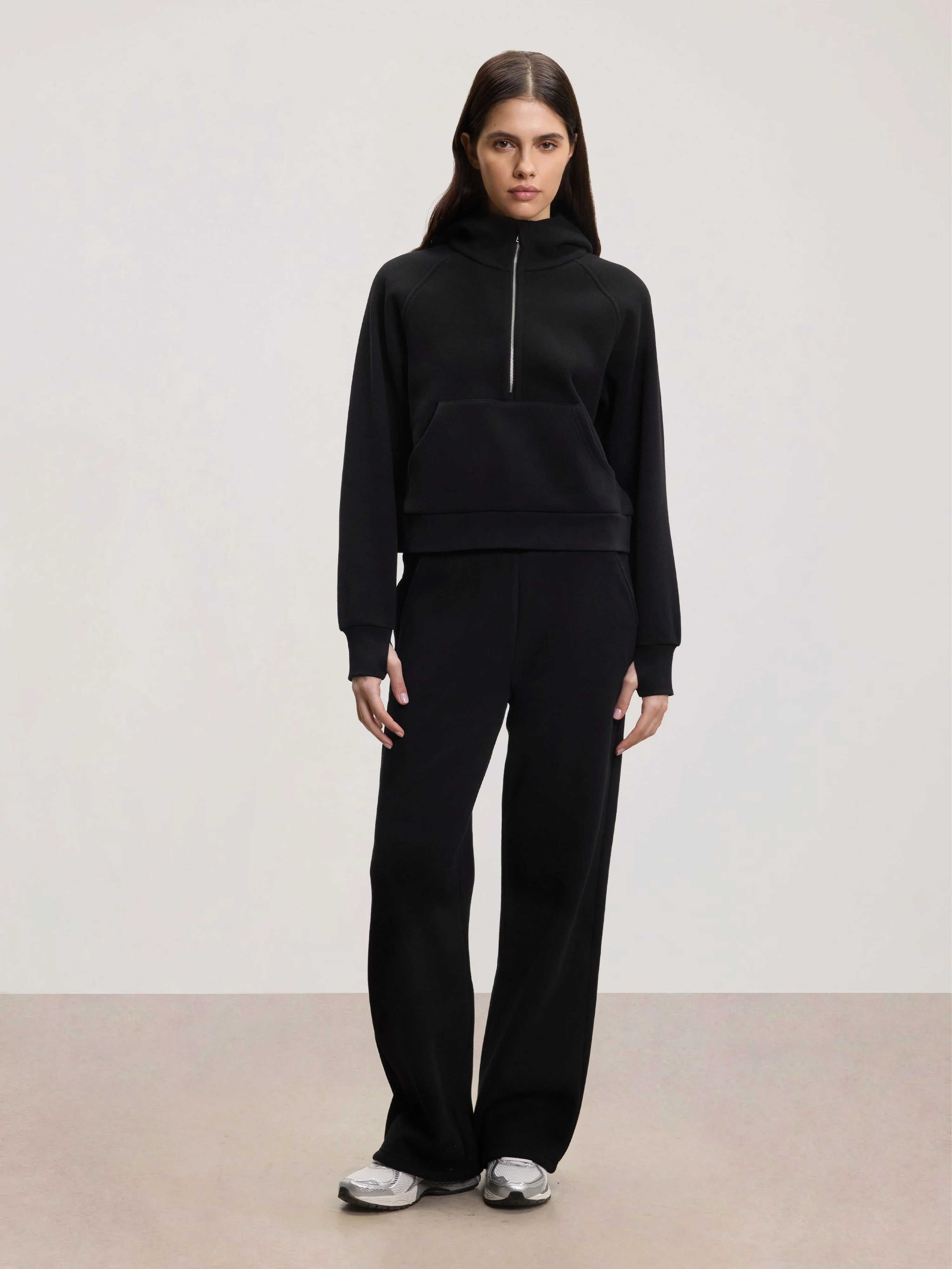 Womens Cosy Fleece Half Zip Hoodie in Black - Image 2