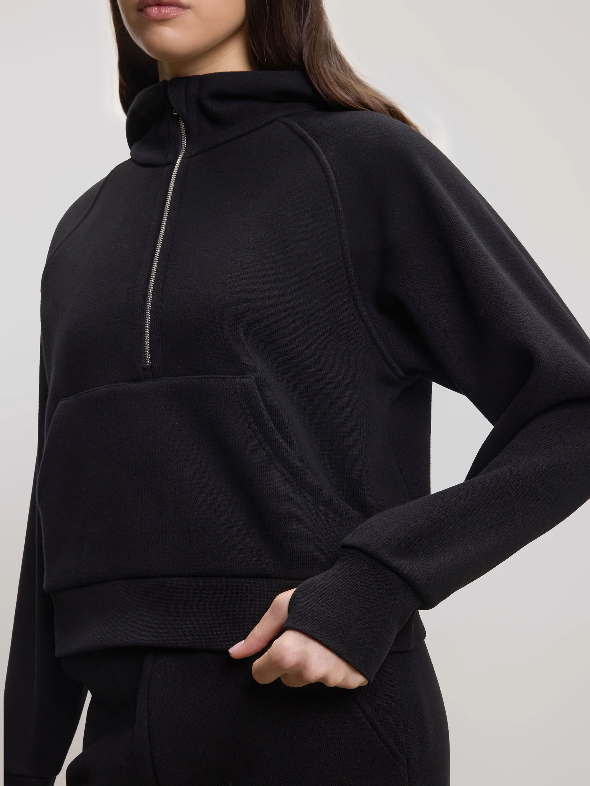Womens Cosy Fleece Half Zip Hoodie in Black - Image 5