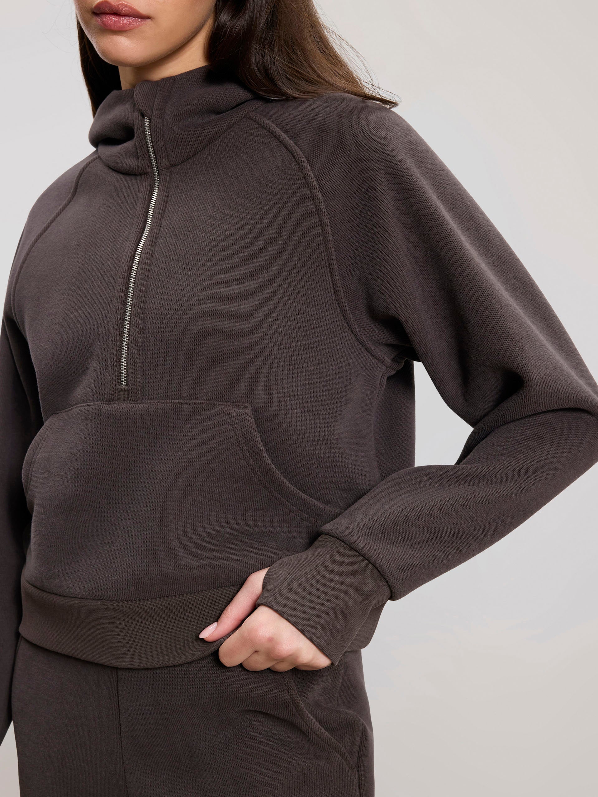 Womens Cosy Fleece Half Zip Hoodie in Brown - Image 5