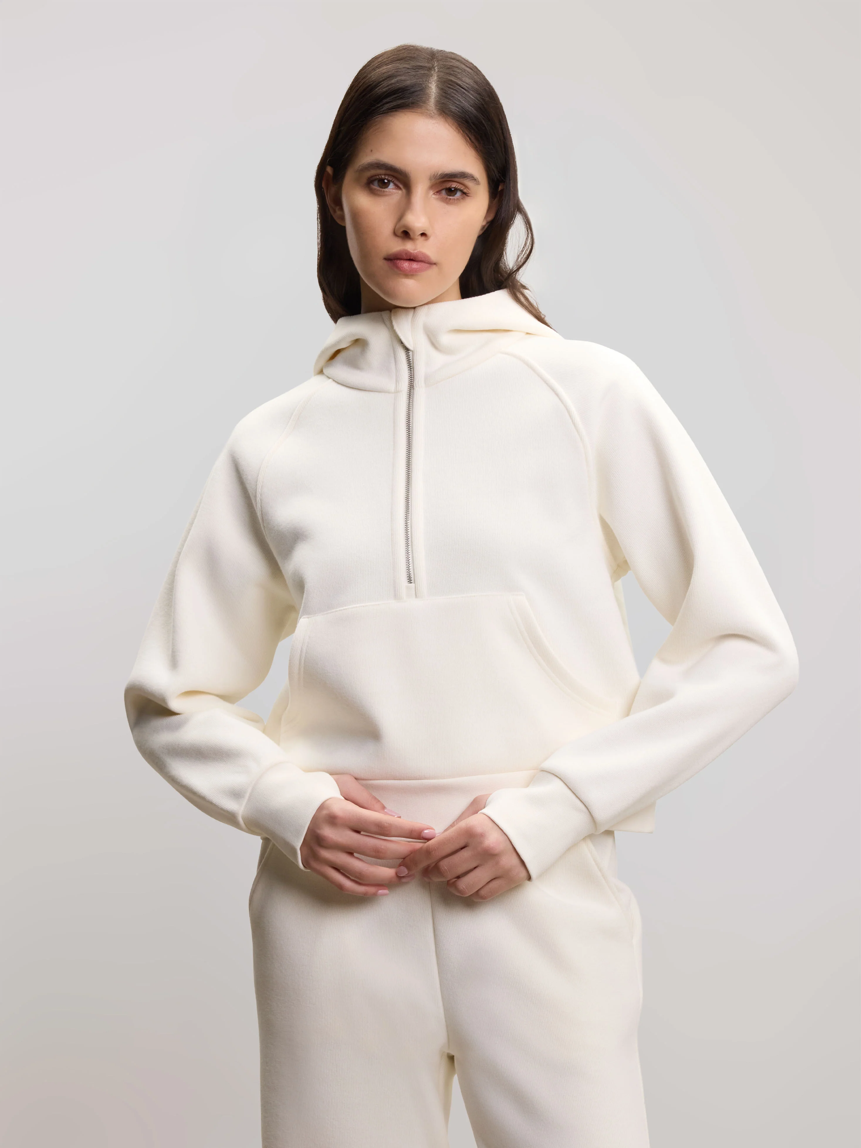Womens Cosy Fleece Half Zip Hoodie in Ecru - Image 7