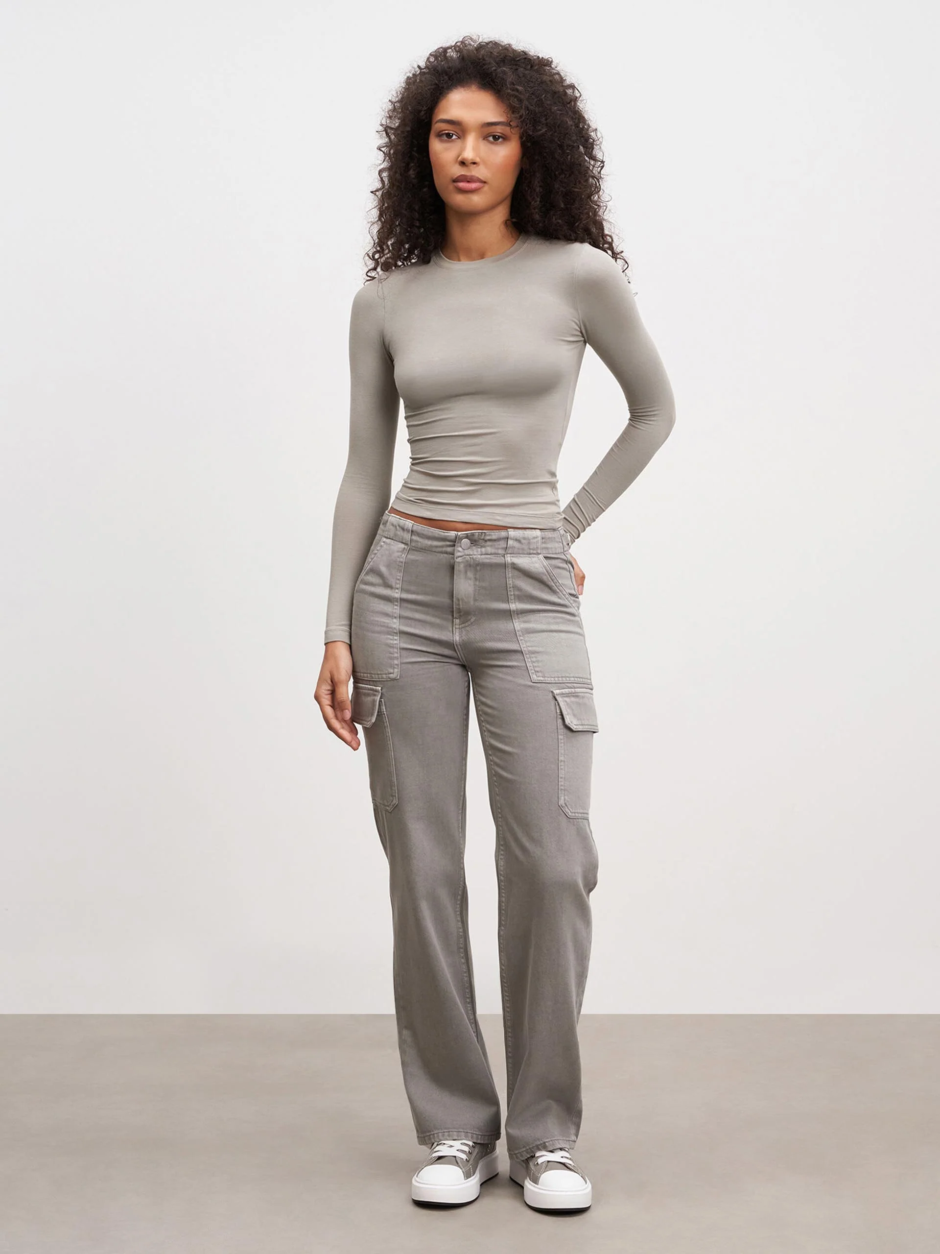 Womens Cotton Jersey Long Sleeve T-Shirt in Stone - Image 2