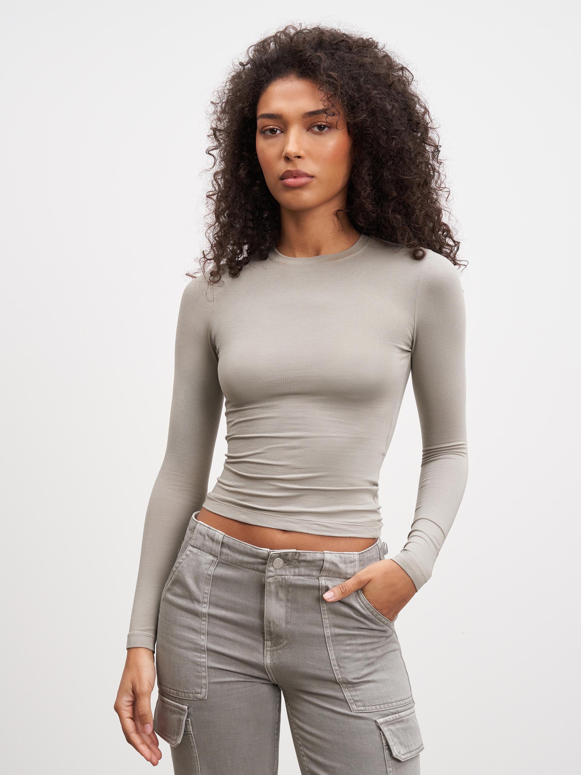 Womens Cotton Jersey Long Sleeve T-Shirt in Stone - Image 3