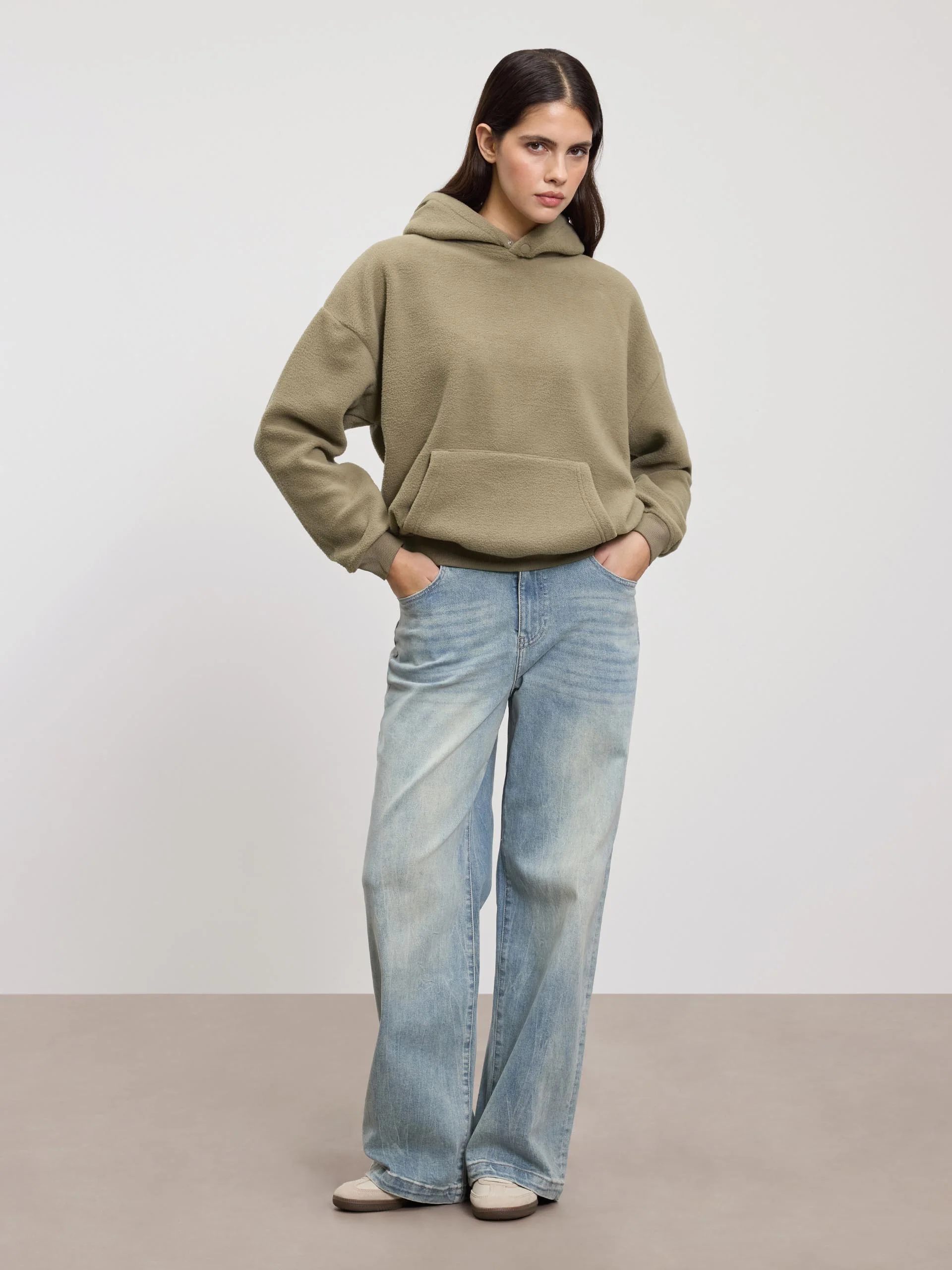 Womens Fleece Relaxed Hoodie in Olive - Image 2