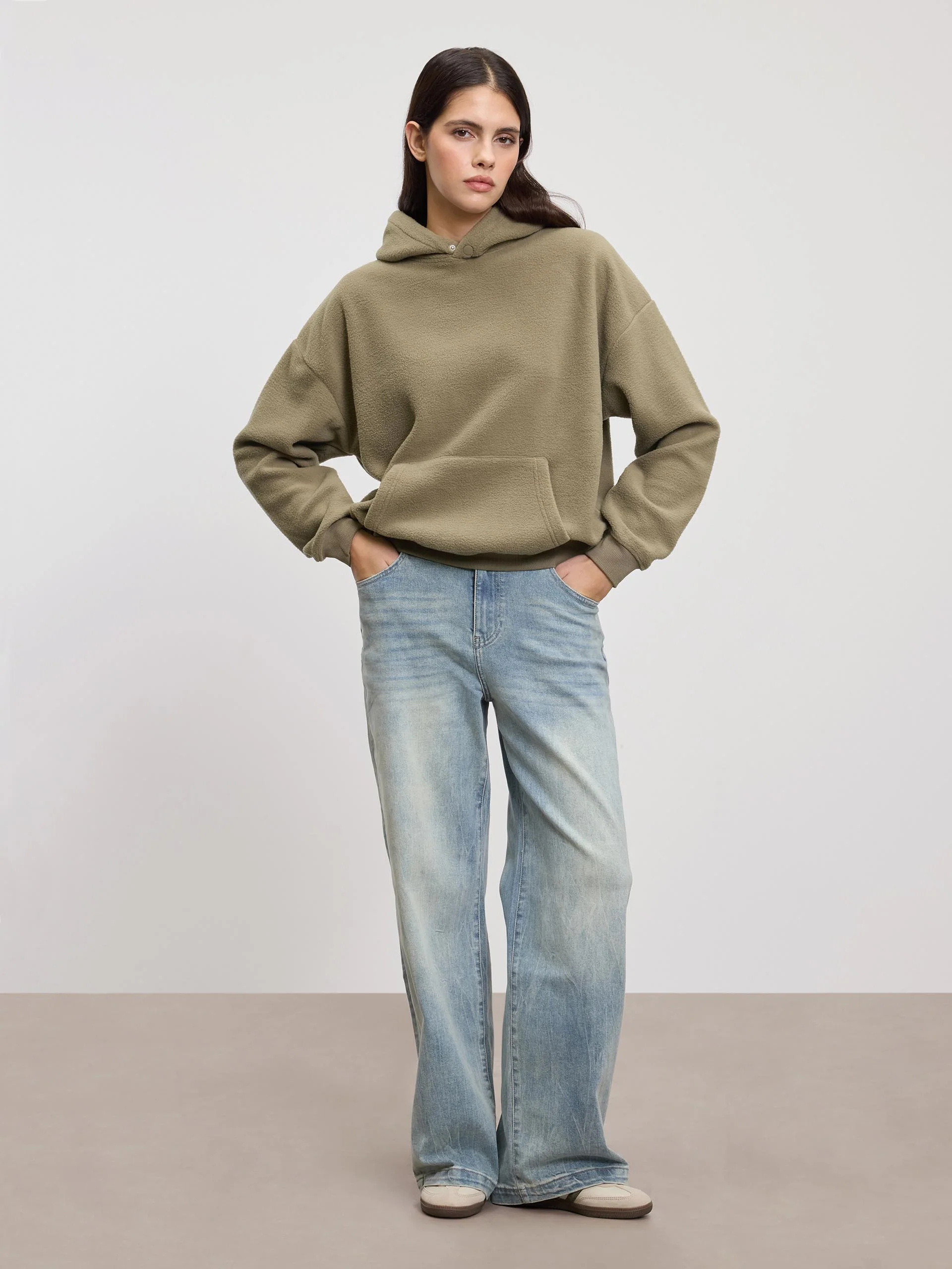 Womens Fleece Relaxed Hoodie in Olive - Image 7