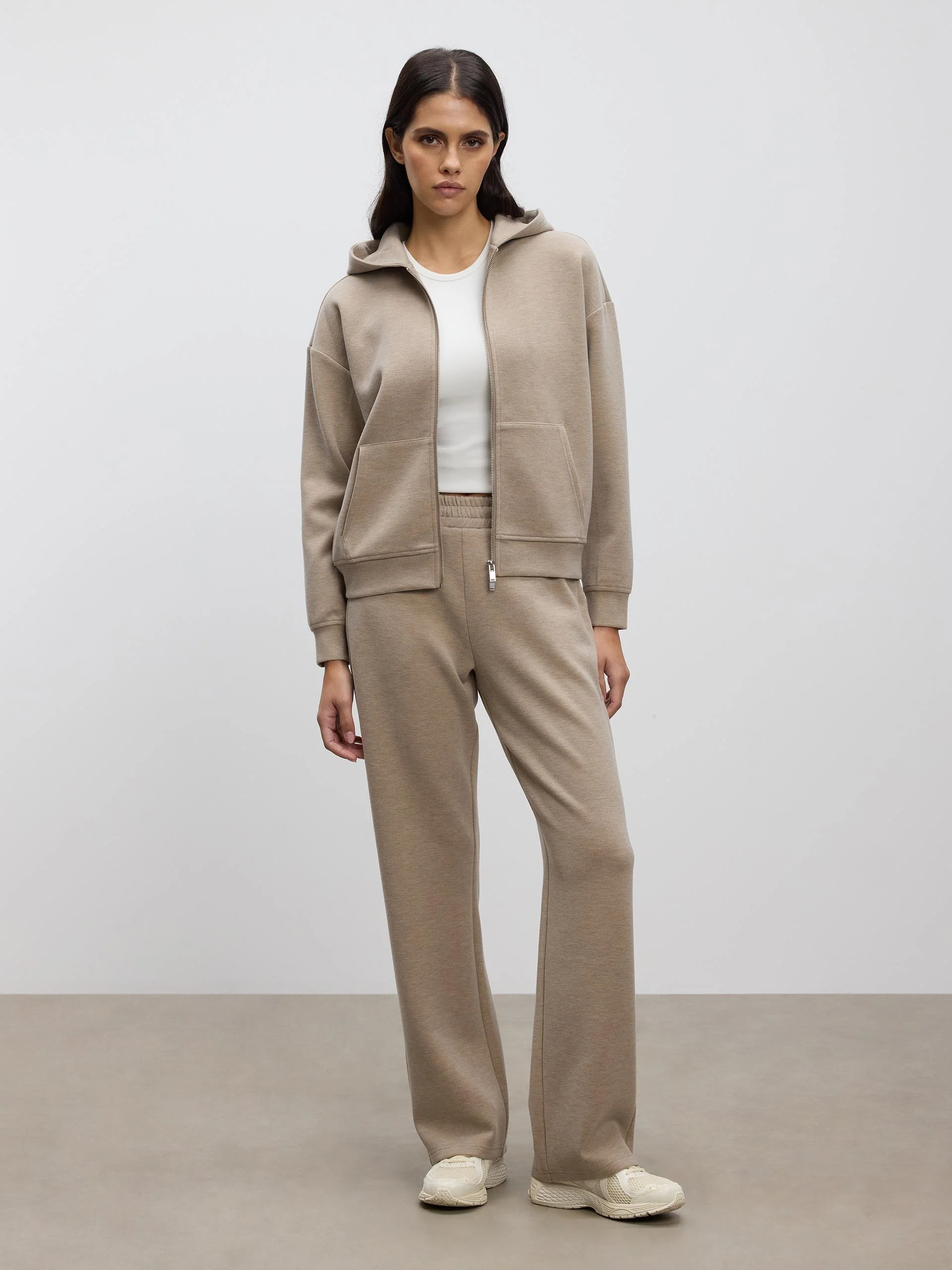Womens Knitted Relaxed Zip Hoodie in Stone - Image 2