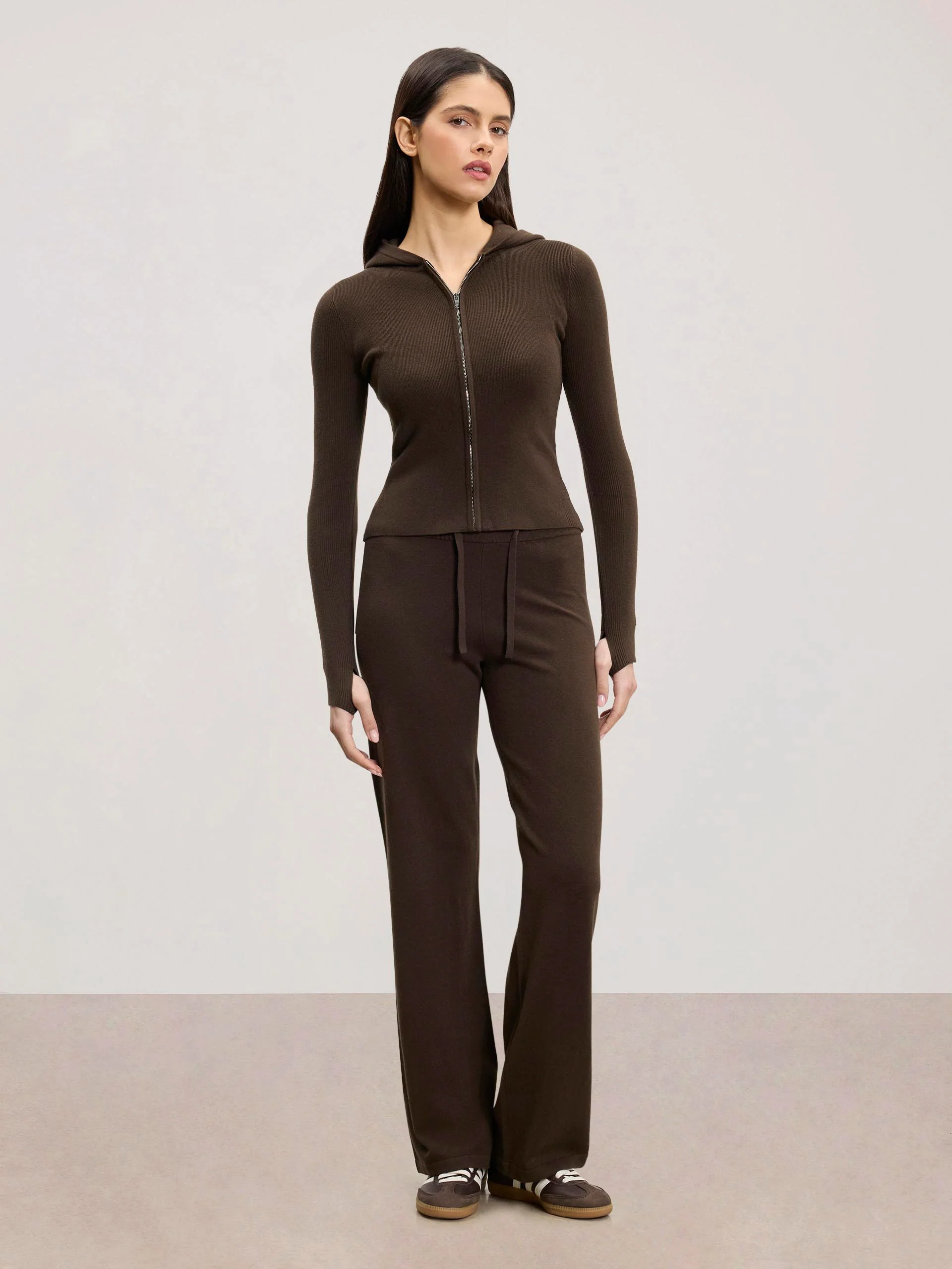 Womens Light Knit Hoodie in Brown - Image 2