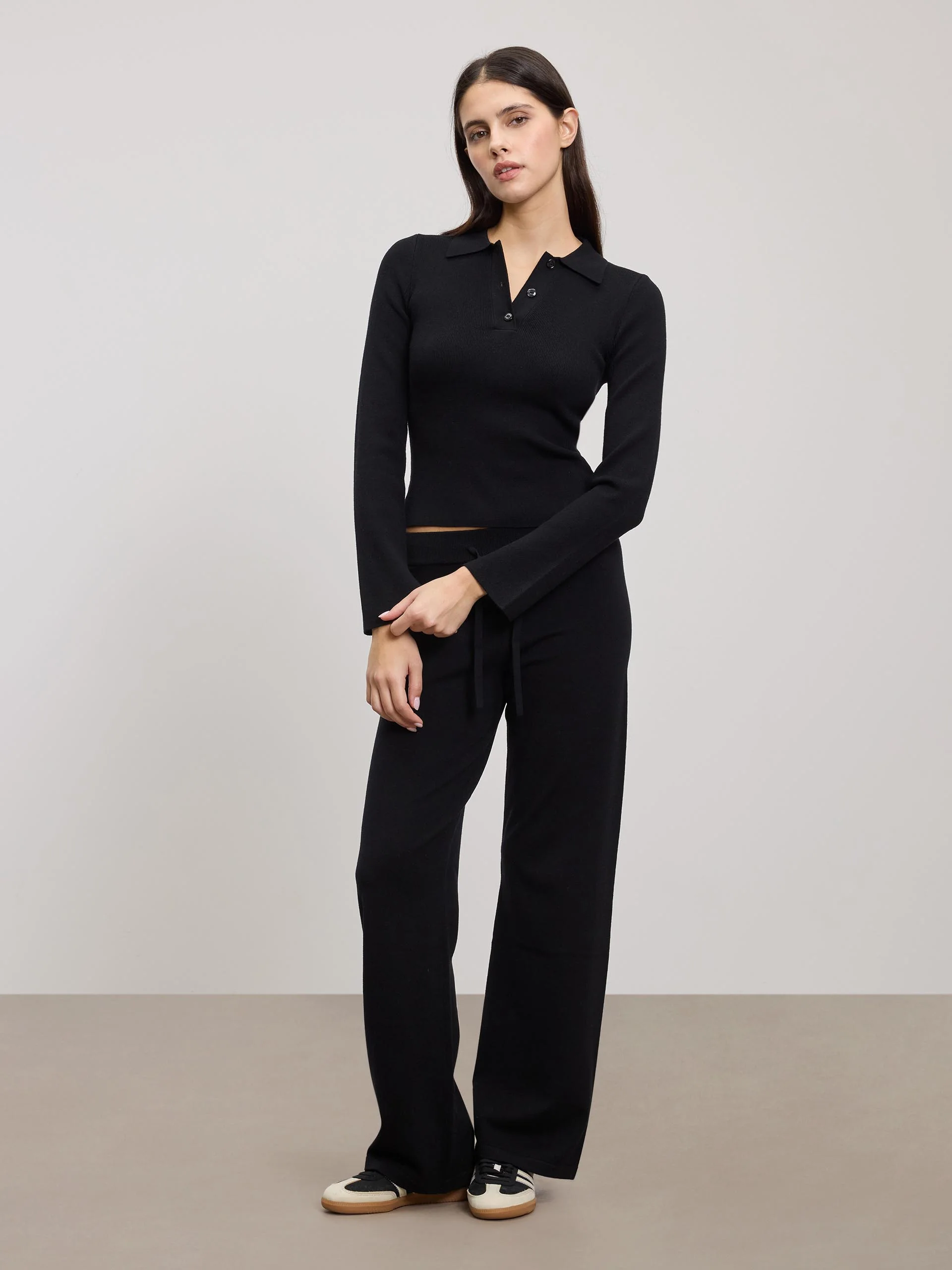 Womens Light Knit Polo Shirt in Black - Image 2