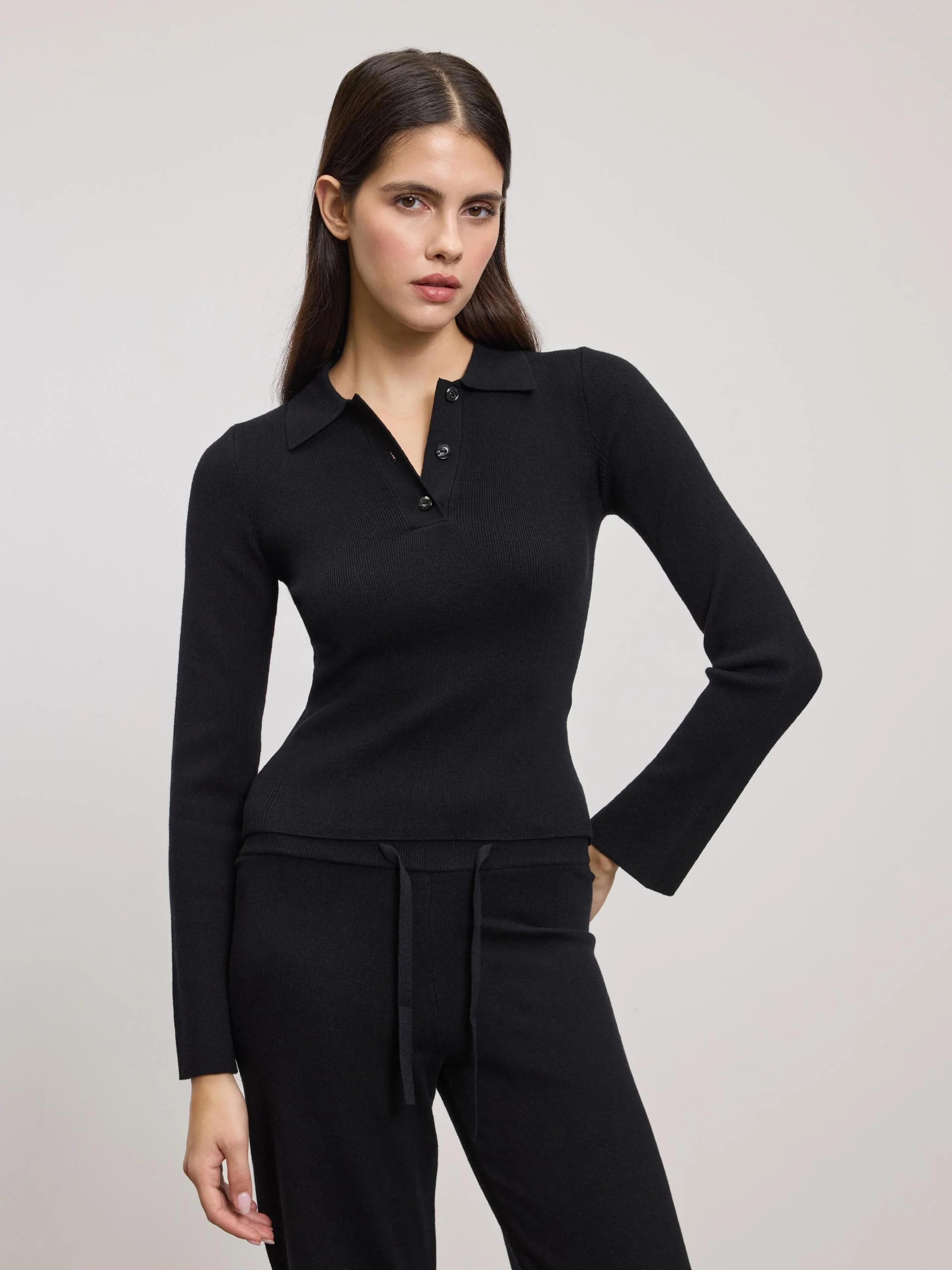 Womens Light Knit Polo Shirt in Black - Image 5