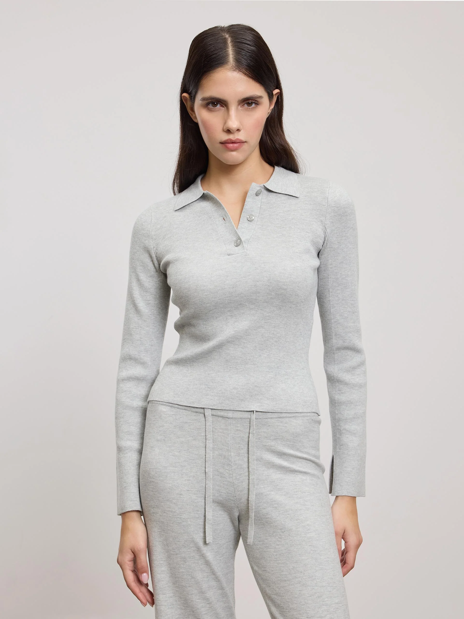 Womens Light Knit Polo Shirt in Marl Grey - Image 6