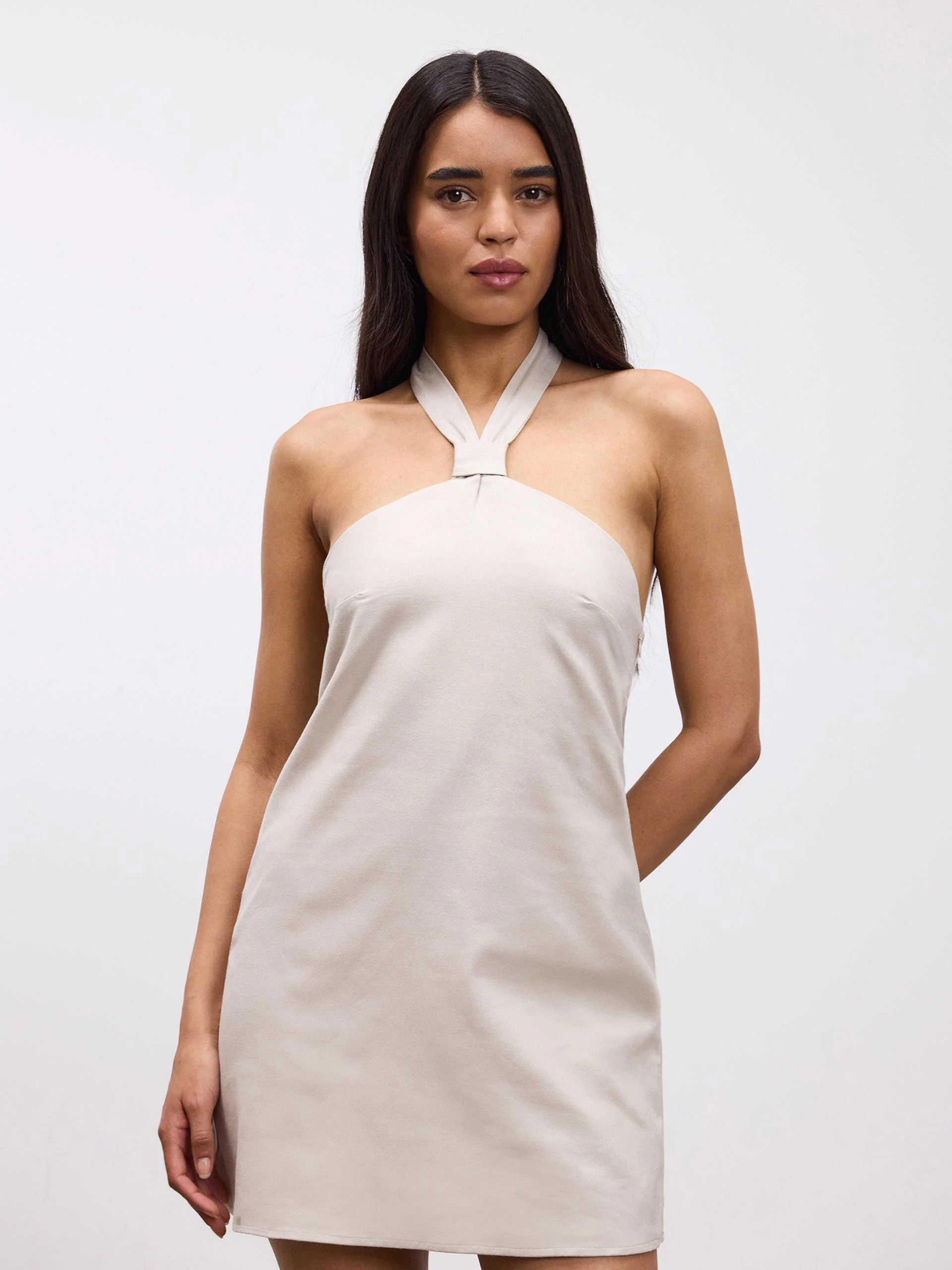 Womens Linen Halter Dress in Stone - Image 2