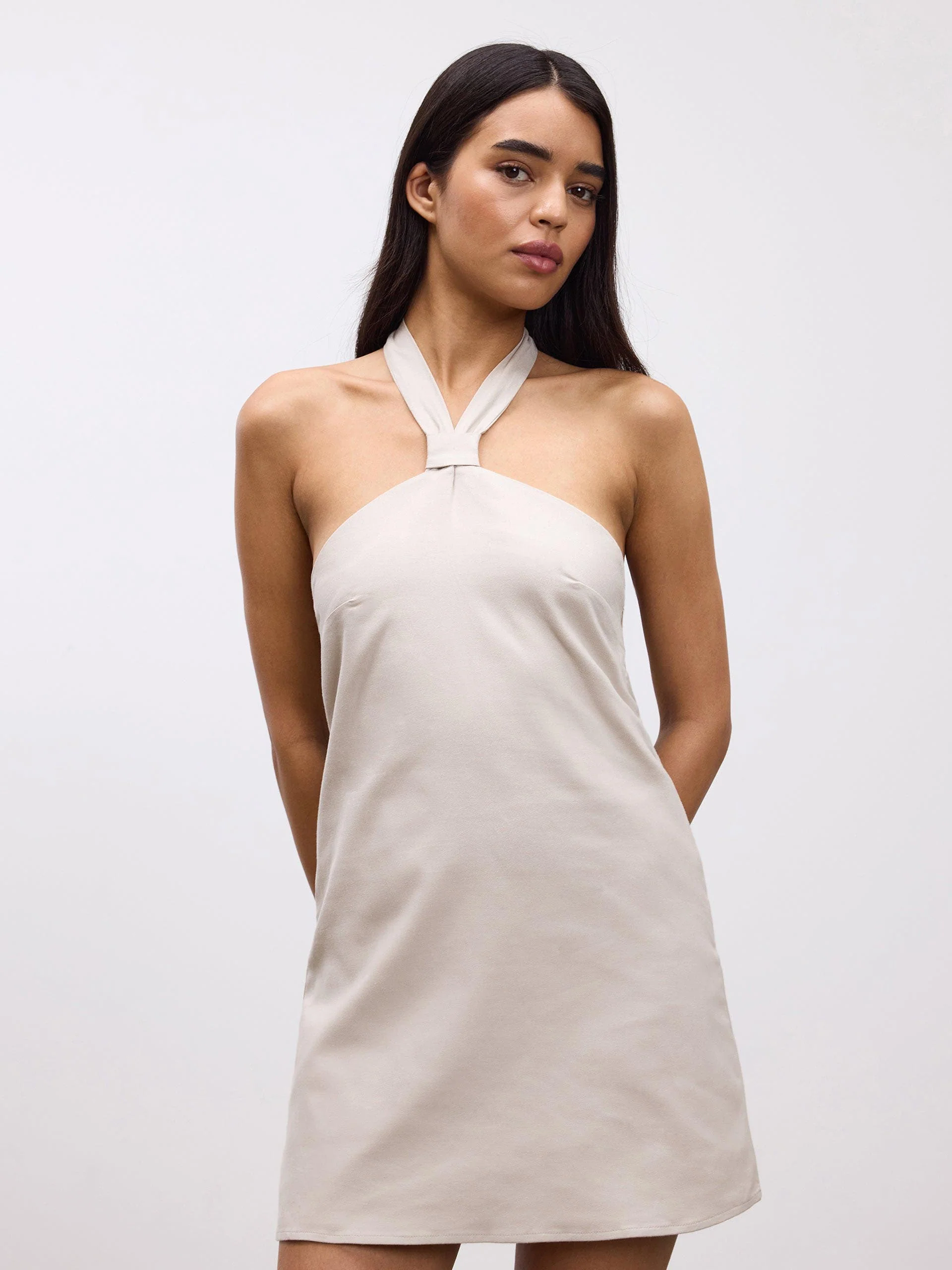 Womens Linen Halter Dress in Stone - Image 7