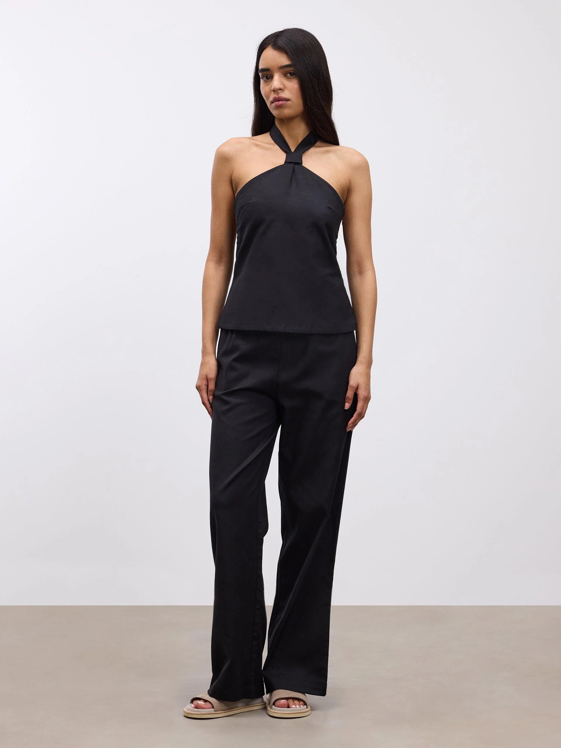 Womens Linen Halter Top in Black - Image 2
