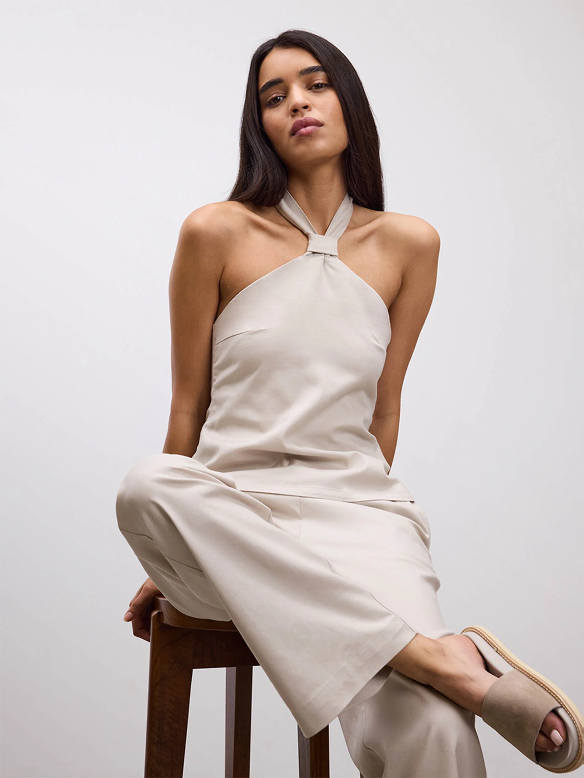 Womens Linen Halter Top in Stone - Image 2