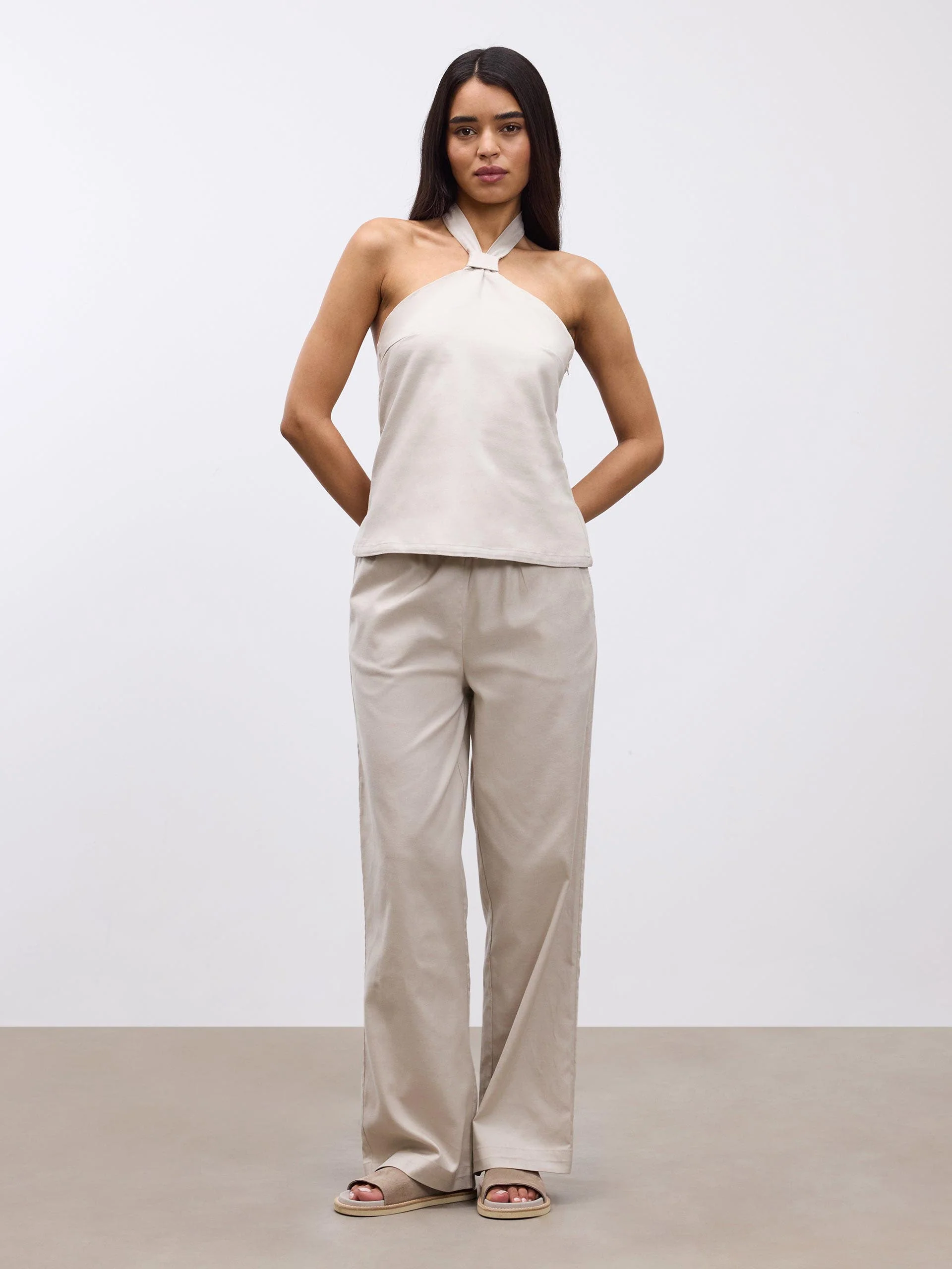 Womens Linen Halter Top in Stone - Image 3