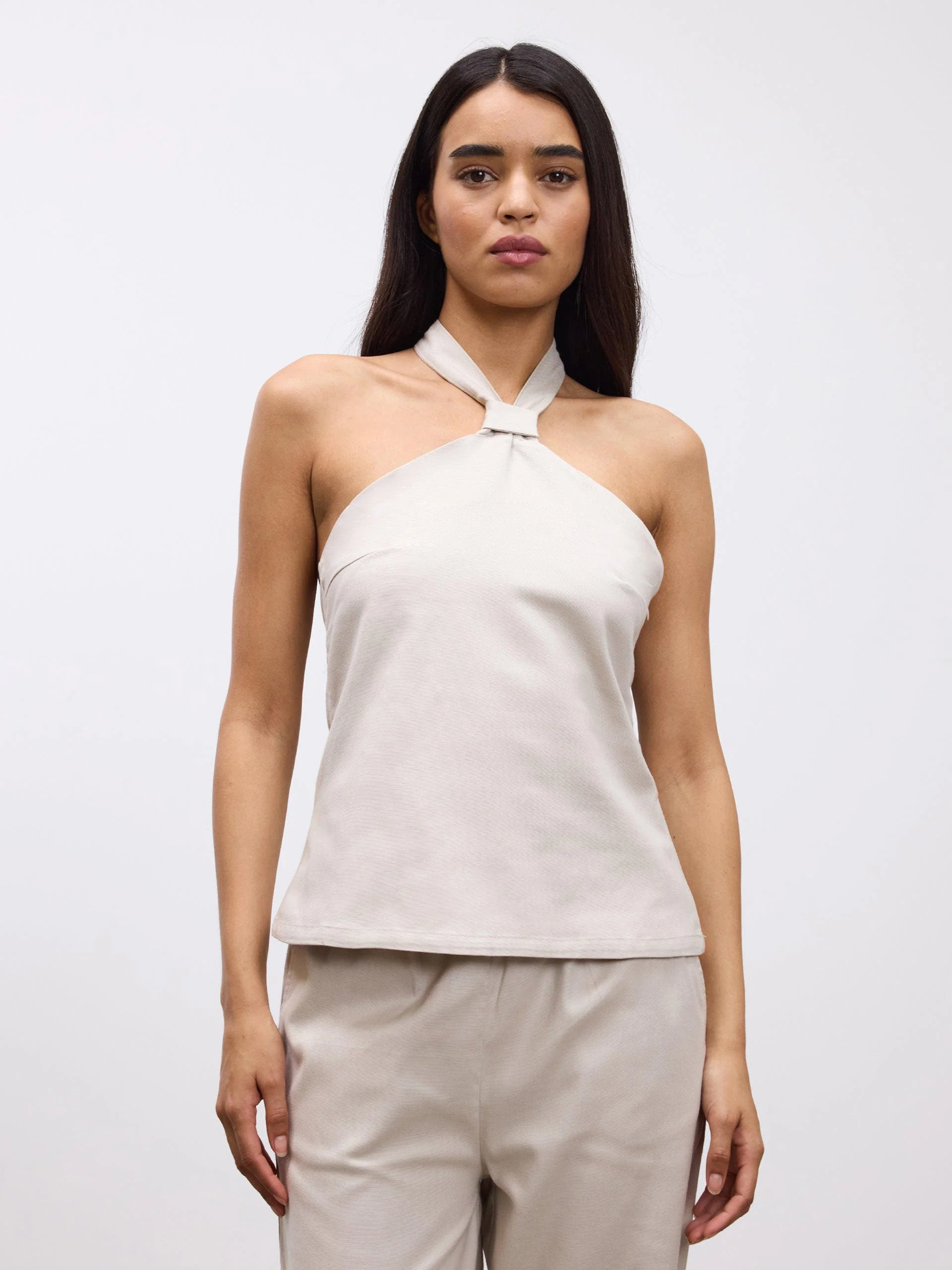 Womens Linen Halter Top in Stone - Image 5
