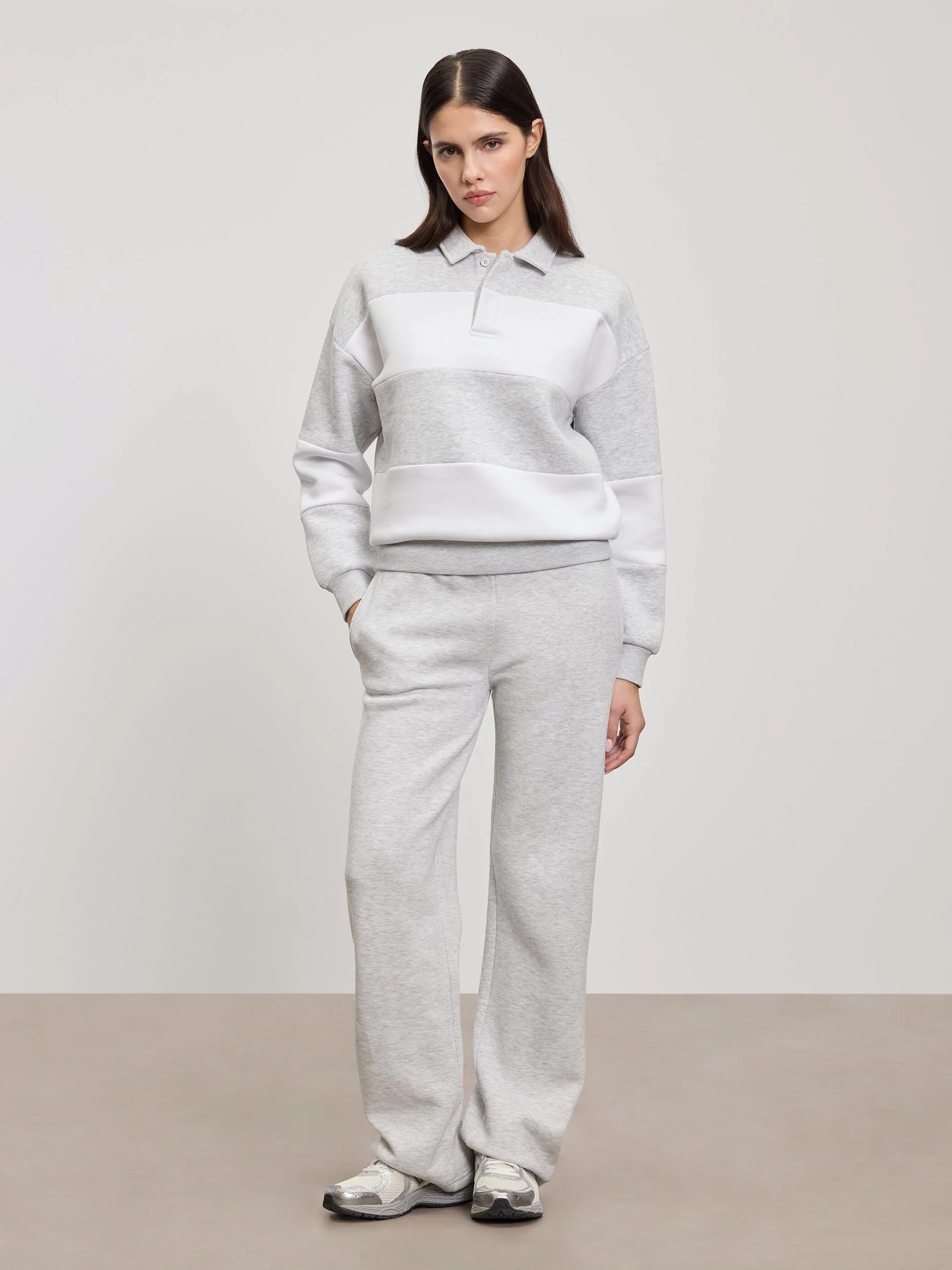 Womens Neoprene Relaxed Rugby Polo Shirt in Marl Grey White - Image 2